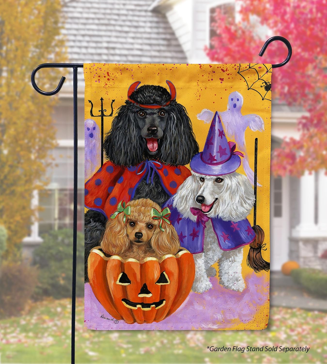 Flagology, Poodle Halloweenies Garden Flag 12" x 18", Outdoor Flag, Exclusive Premium Fabric, Dog, Poodle, Halloween, Precious Pets Paintings