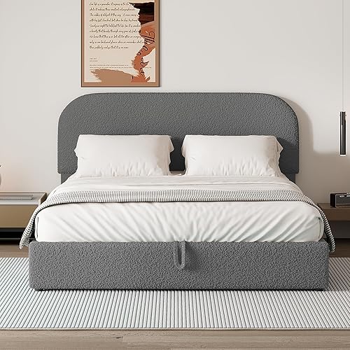 Miniatura 15 de Cama de plataforma tapizada en forma de curva con cabecera curva, marco de cama de madera tamaño Queen para niños y adultos, muebles de dormitorio,