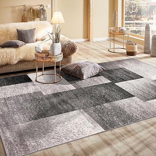 Miniatura 7 de Rugshop Alfombra gris grande moderna con diseño de cajas envejecidas, pelo suave resistente a las manchas para sala de estar, oficina y comedor, 8 x