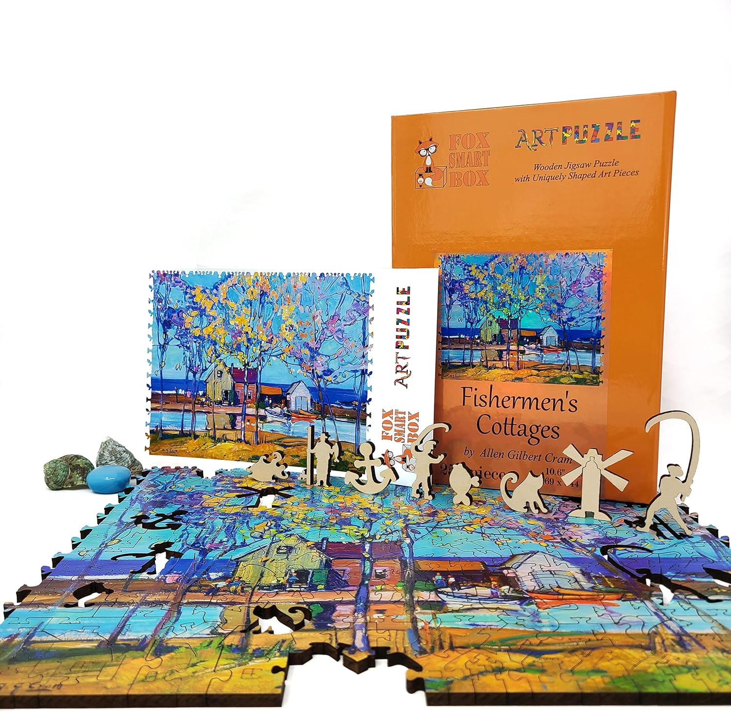 Wooden Puzzle for Adults - Uniquely Shaped Pieces - Made in The USA by FoxSmartBox - 255 Pieces - Fishermen's Cottages