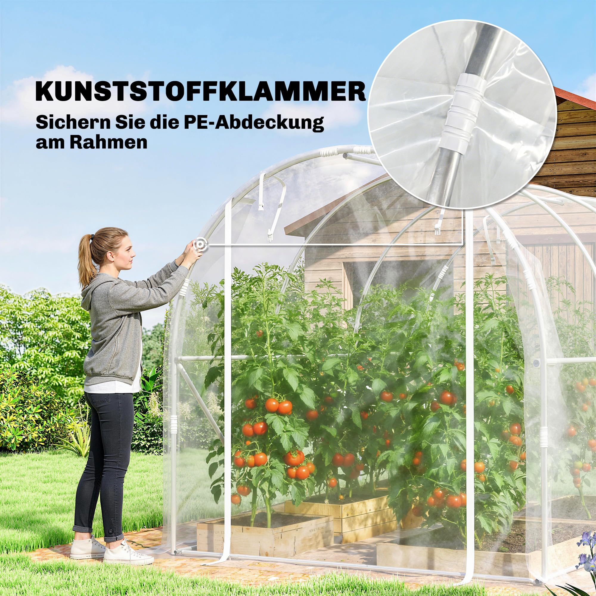 Outsunny Foliowa szklarnia ok. 3 x 2 x 2 m z rolowanymi drzwiami na zamek błyskawiczny, wspornikami i przedłużonymi krawędziami, PE 150 g/m², odporna na promieniowanie UV, tunel foliowy, zimowa