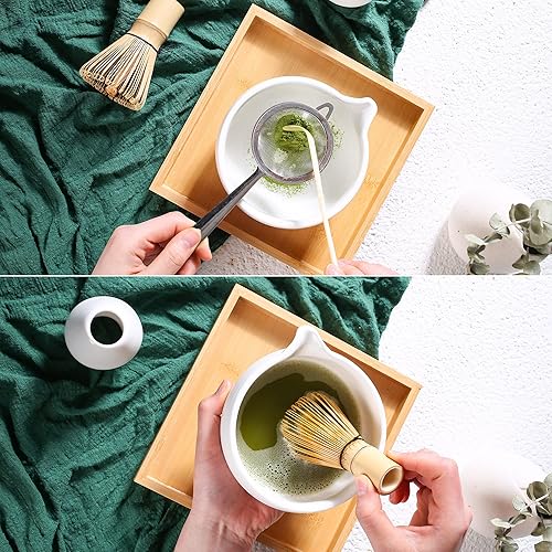 Miniatura 5 de Kit de Ceremony Matcha  Batidor tradicional de bambú (Chasen) Scoop (Chashaku) Chawan Bowl con boquilla de vertido, soporte para batidor, bandeja de