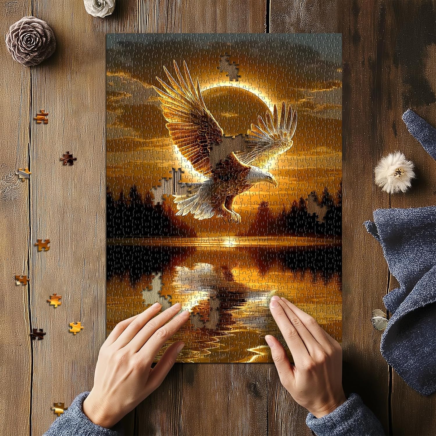 Solar Eagle Puzzles for Adults 1000 Pieces, Nature Forest Sunset Scenery Puzzles, Bald Eagle Bird Jigsaw Puzzles, Beautiful Animal Puzzles as Home Decor