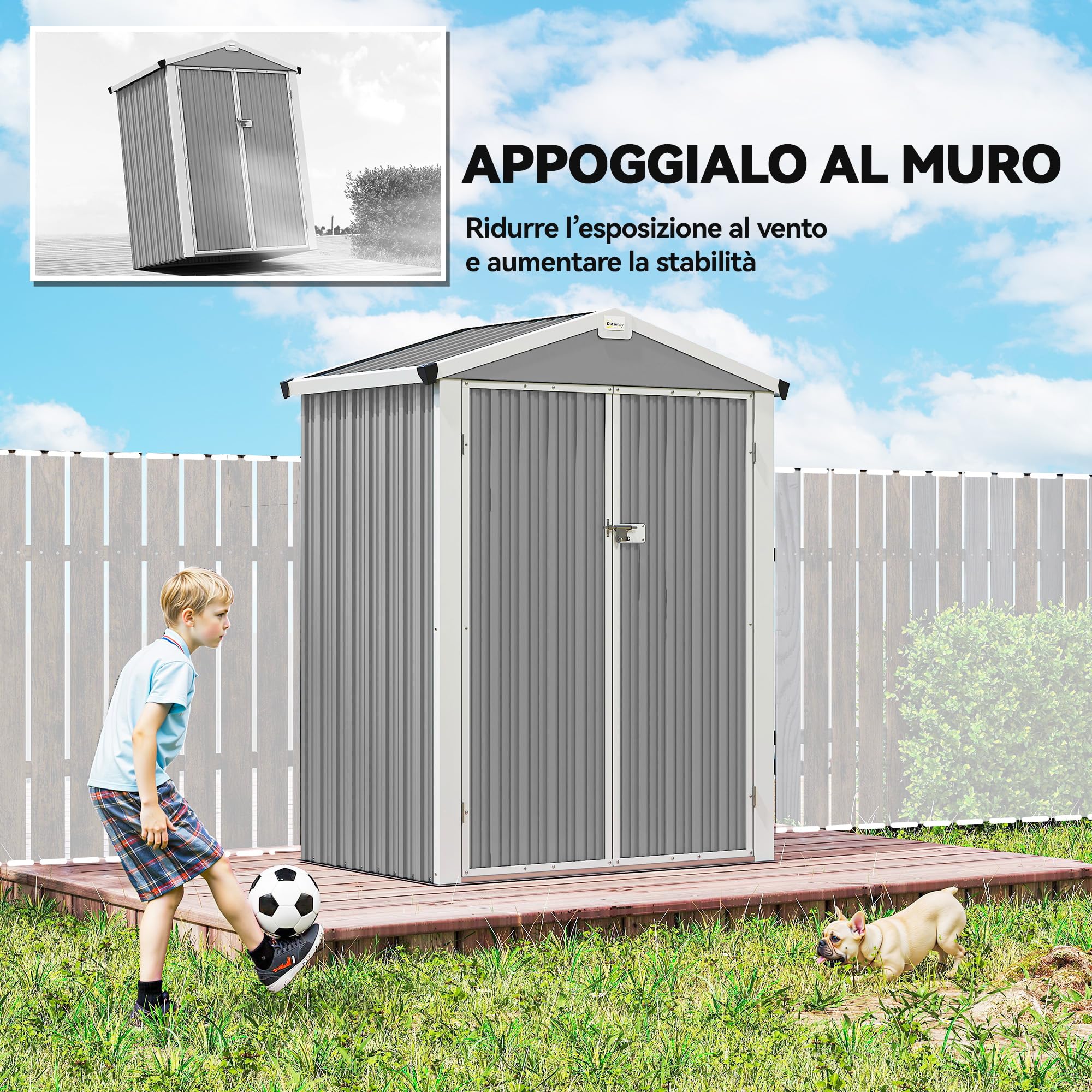 Outsunny Casetta da Giardino 1.1m² Acciaio Zincato Doppie Porte Larghe Bloccabili Tetto Inclinato 133x87x178 cm Grigio Argento