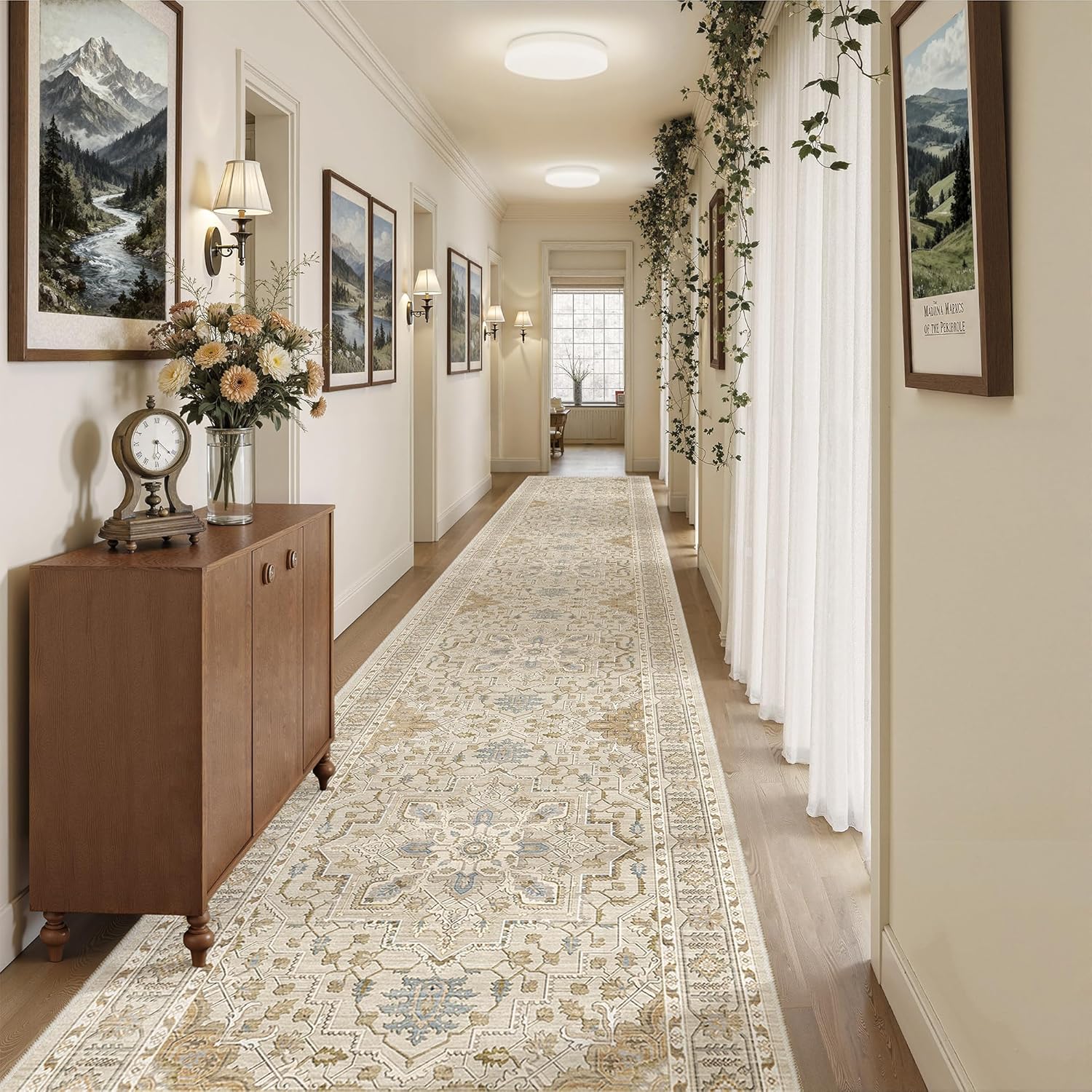 madane 3x20 hallway runner rug - extra long carpet runners for hallways 20ft non slip stain resistant rugs runner for living room bedroom 20 feet distressed floor carpet for kitchen, beige/blue beige/blue 3' x 20' (runner)