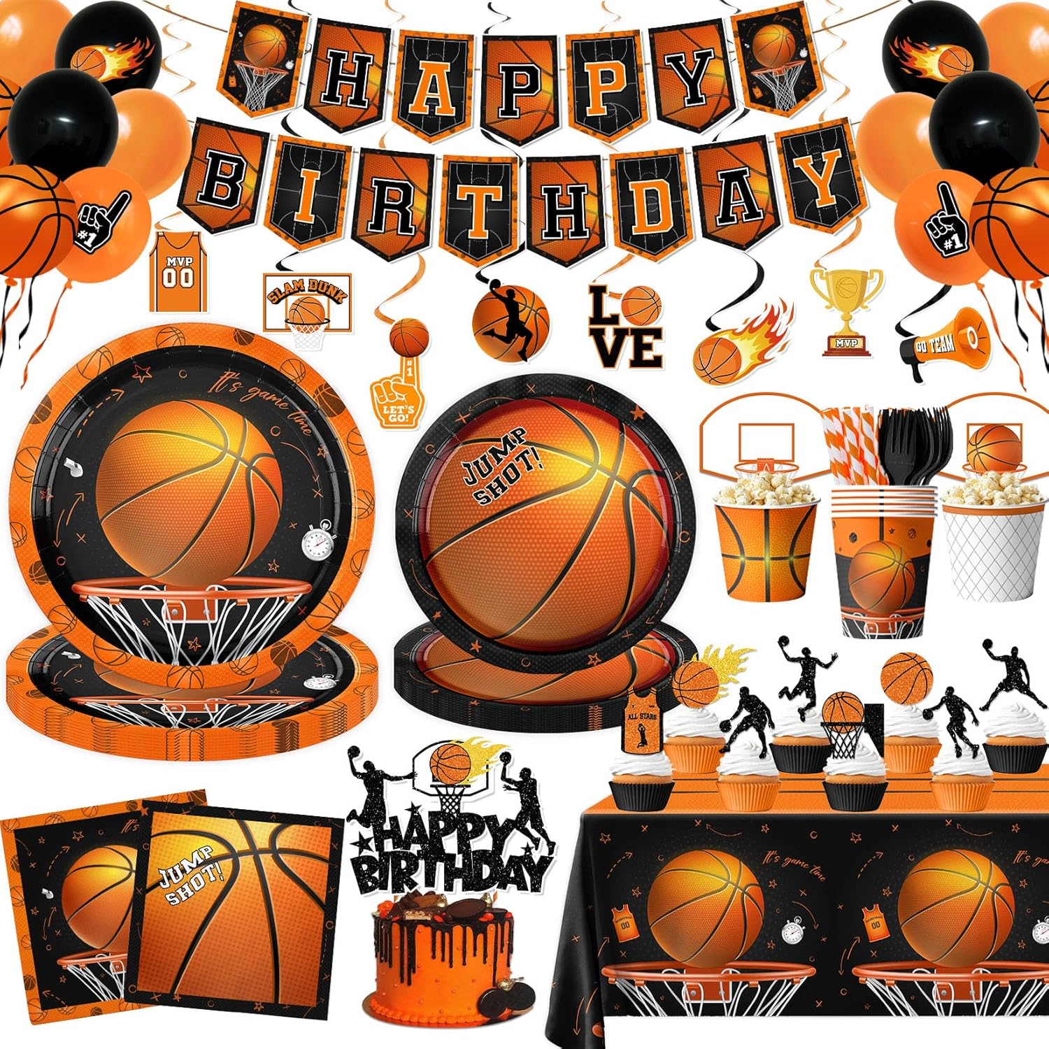 Basketball Party Decorations, 209Pcs Basketball Birthday Party Decorations Tableware Includes Plates,Napkins,Cups,Tablecloth,Banner,Hanging Swirls,Balloons,Cake Topper for Sports Themed Party Decor