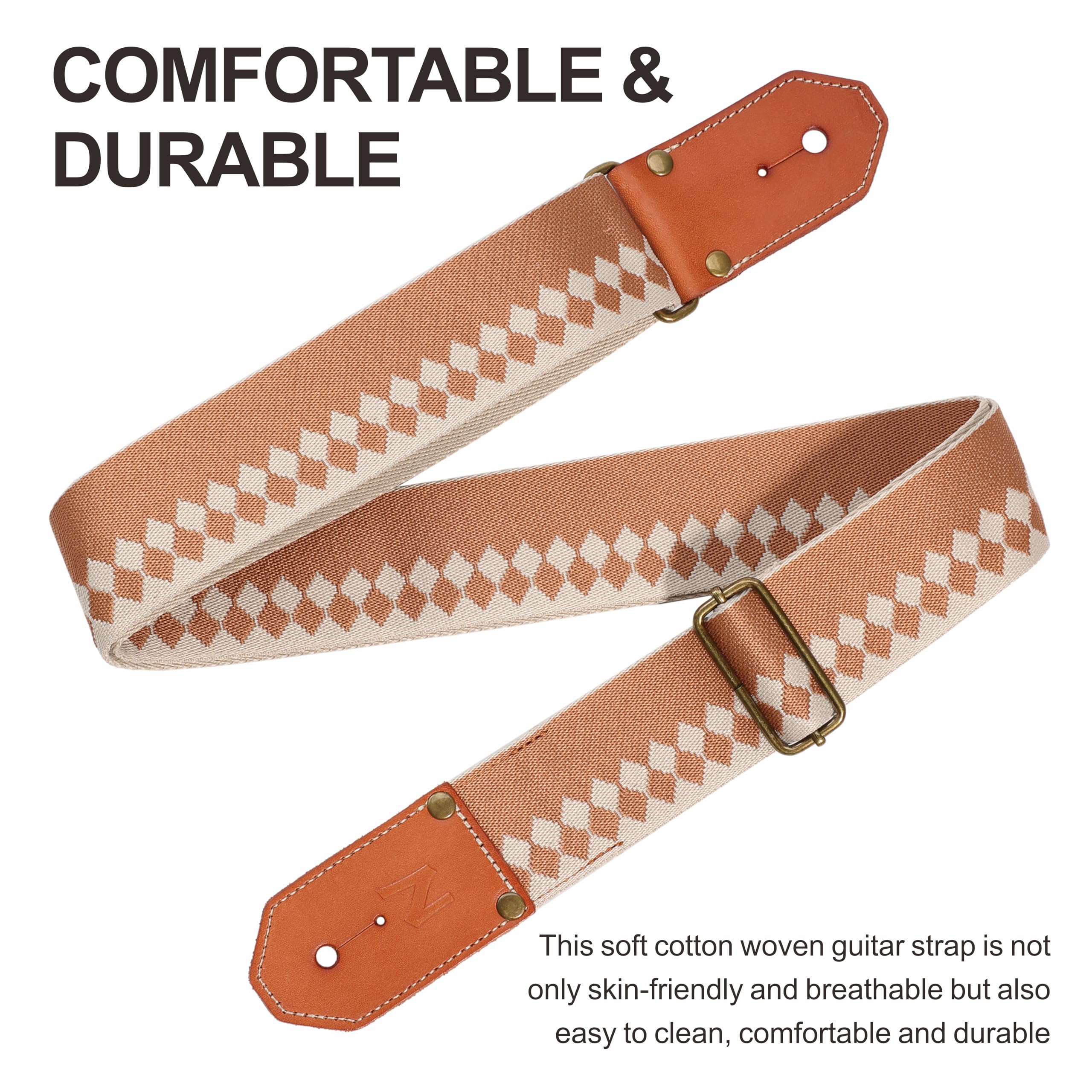 Nefelibata Correas de guitarra de algodón con primera capa gruesa de cuero vacuno curtido vegetal para acústica, bajo, eléctrico, el mejor regalo para tus guitarristas queridos