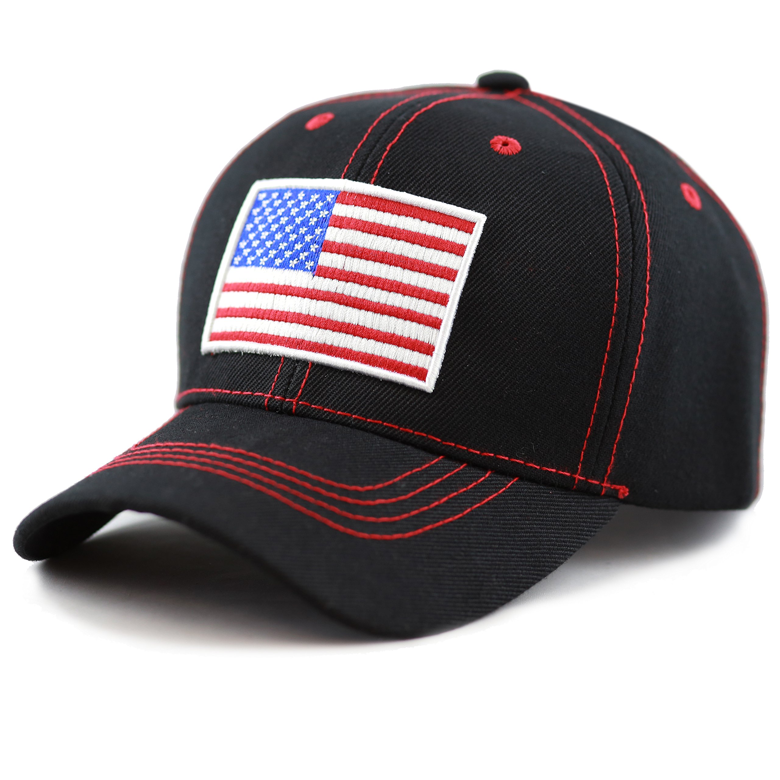 The Hat Depot USA Flag Athletic Curved Brim Baseball Cap (Black & Red)