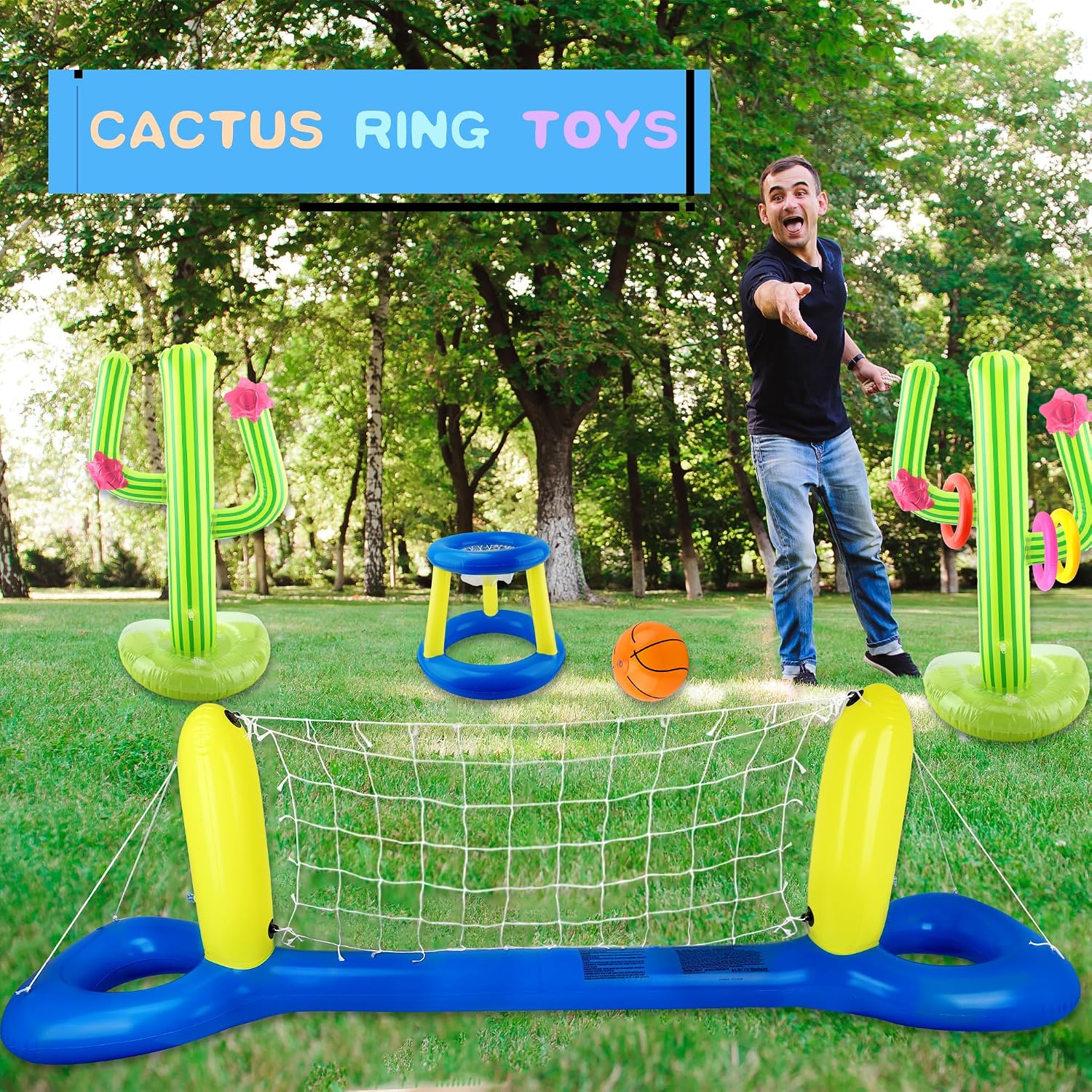 3 Sets of Inflatable Pool Float Includes 96 Inch Floating Volleyball Net Inflatable Pool Basketball Hoop Blow up Cactus Ring Toss Game for Kids Adults Summer Water Activities Pool Beach Party