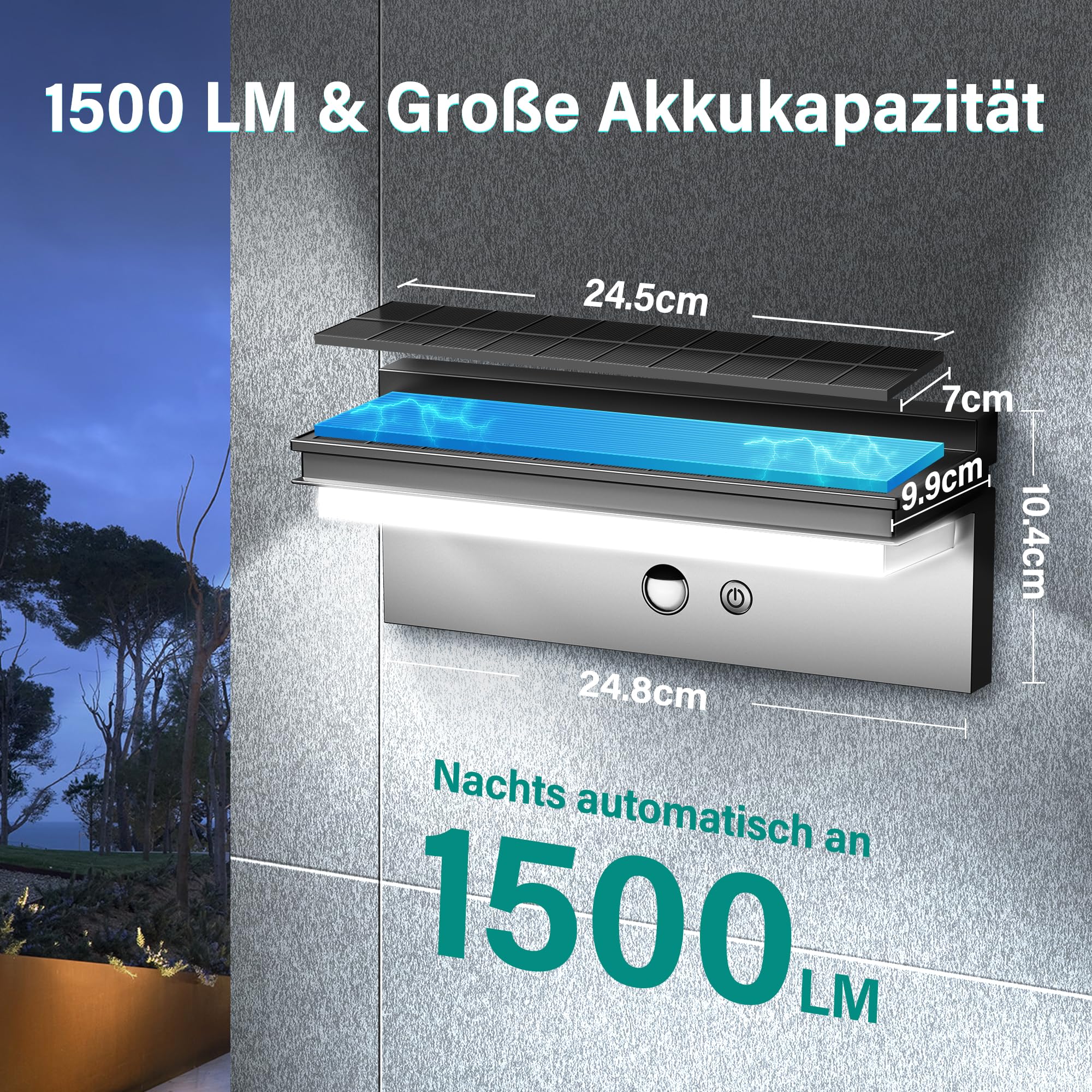 Solarlampen für Außen mit Bewegungsmelder 2 Stück, Kaltweiß | 6500K, IP65 Wasserdicht,1500LM, 4 Betriebsmodi für Garten, Garage, Vordach, Terrasse und Hof