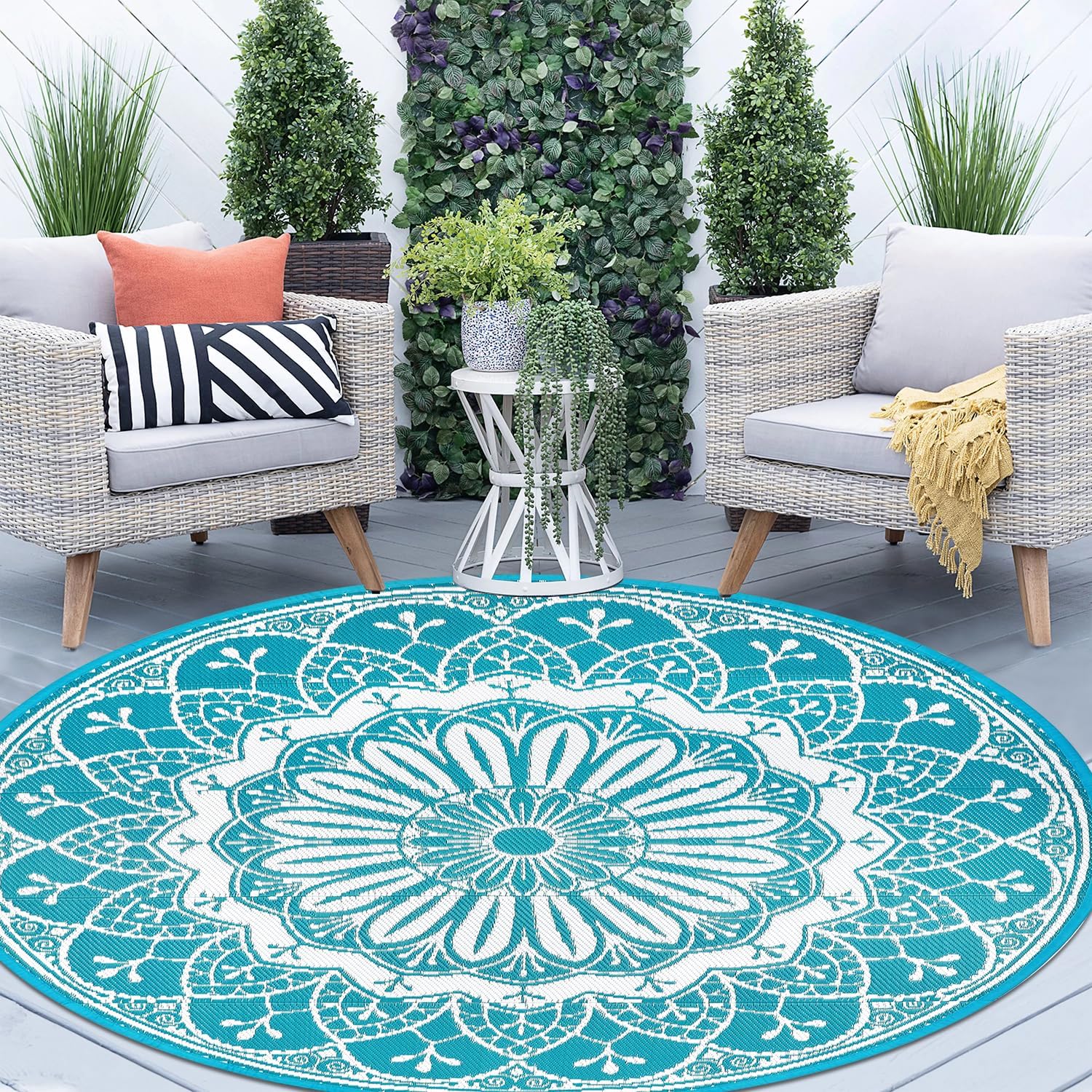 Cekene Reversible Outdoor Patio Rugs 6Ft Waterproof Round Outdoor Rugs with Carry Bags Lightweight Plastic Straw Rugs Blue Portable RV Camping Mat Floor Carpet for Deck Porch Picnic BBQ
