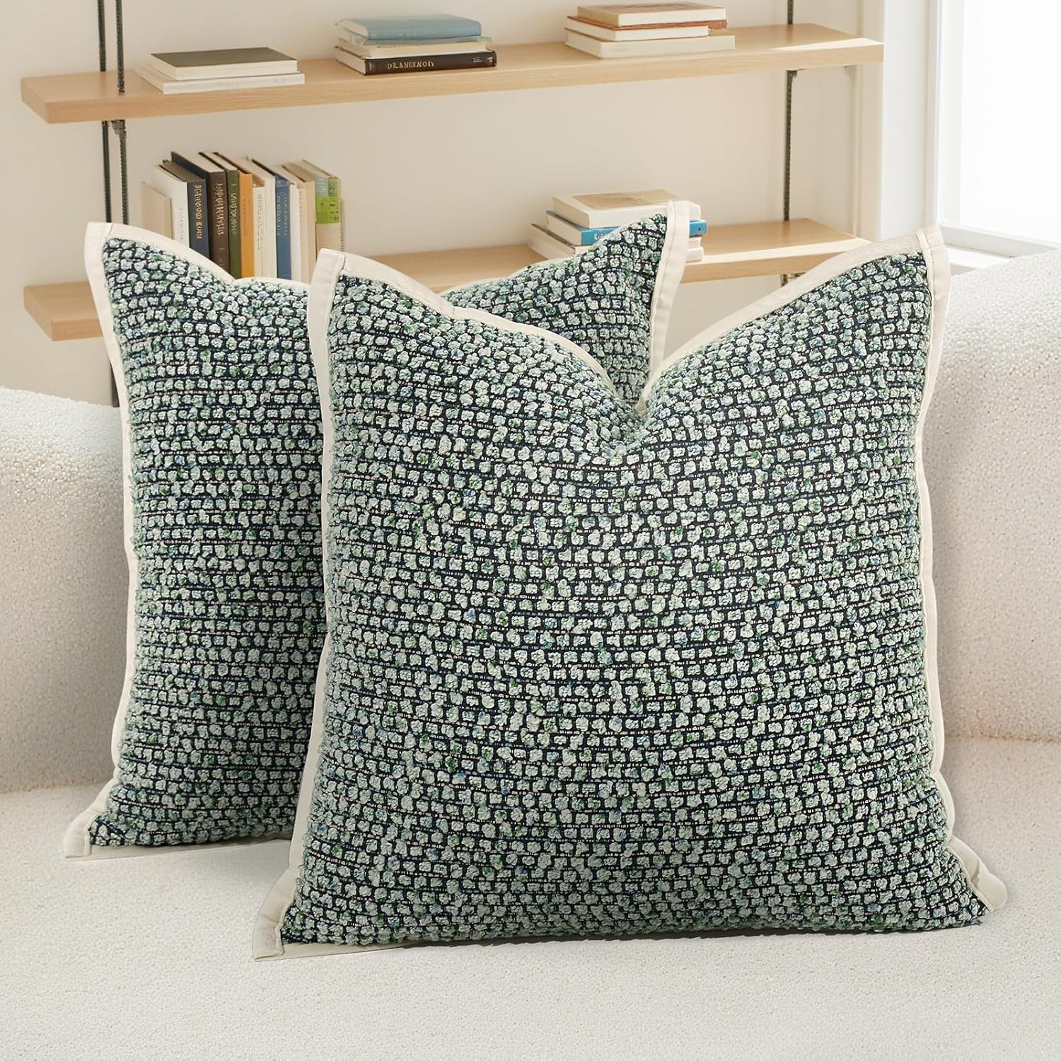 HEAVYWOOD Textured Boucle Pillow Covers 18x18 Set of 2 Striped Boho Farmhouse Throw Pillowcase Rustic Accent Square Couch Cushion Cover for Home Decor Bed Sofa Living Room (Green, 18x18)