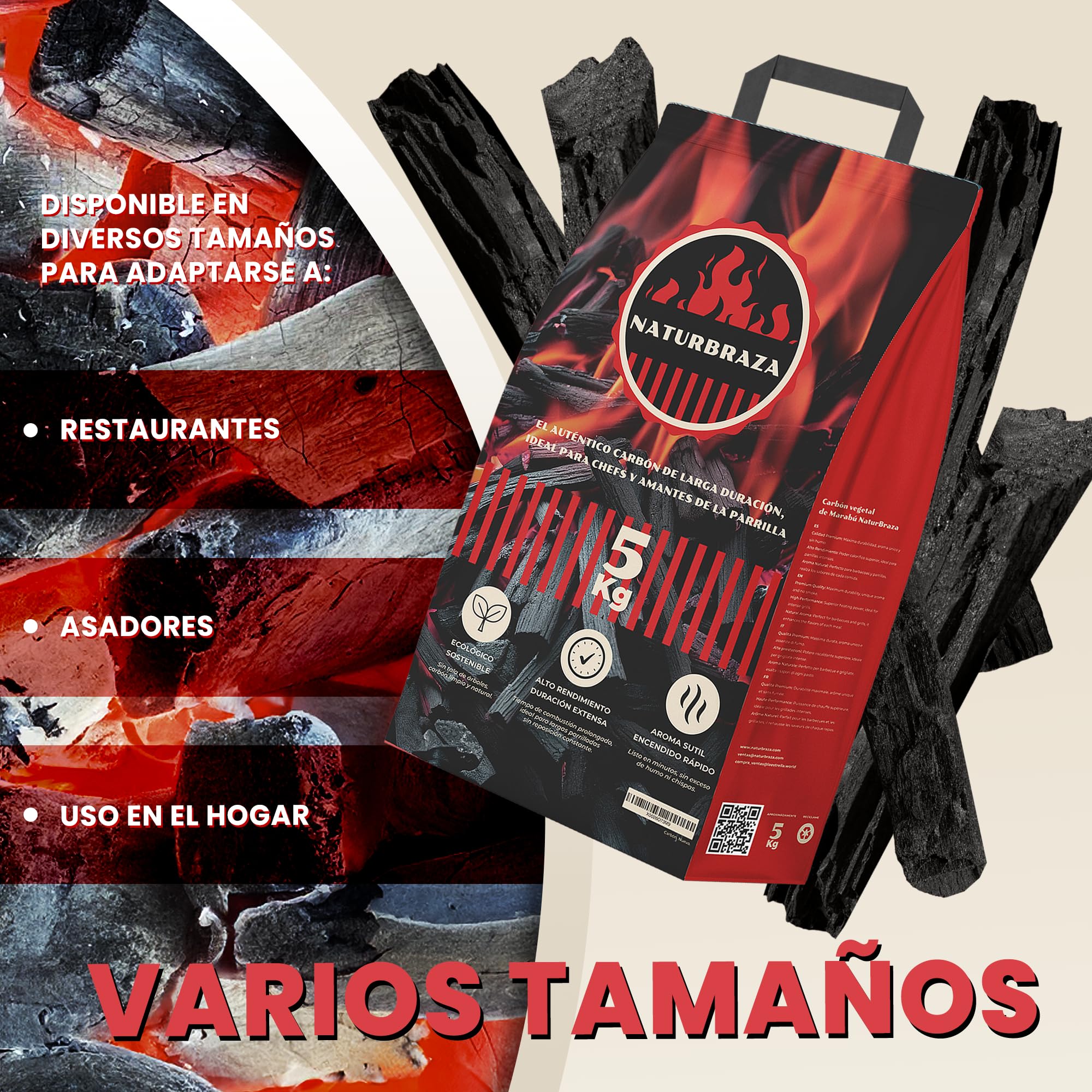 Carbón Vegetal de Marabú 5 kg – Carbón Natural para Barbacoa y Asador, Saco Ecológico sin Humo ni Aditivos, Encendido Fácil, Alto Poder Calorífico y Brasas Largas (Pequeño)