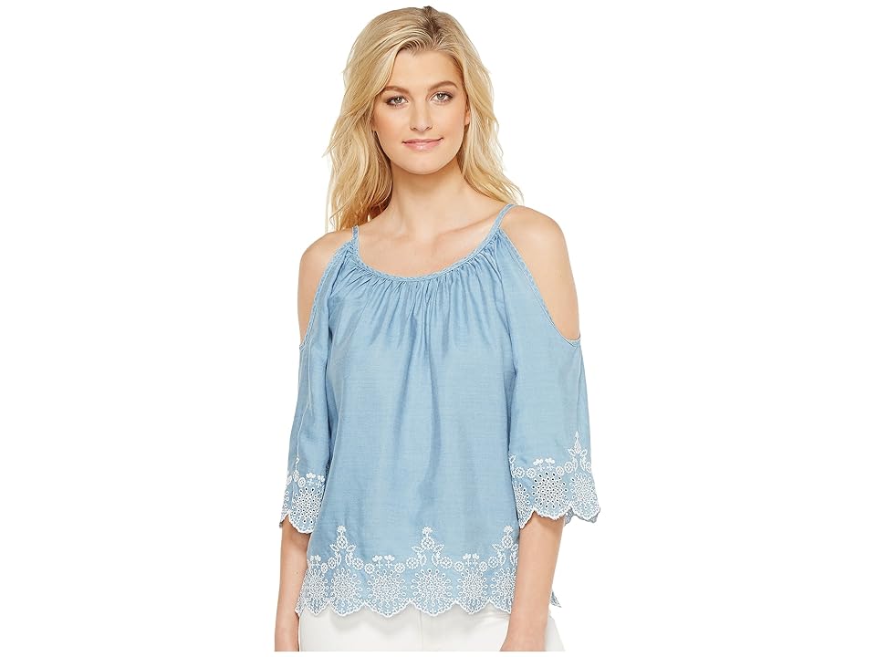 

Karen Kane Embroidered Cold Shoulder Top (Chambray) Women's Clothing