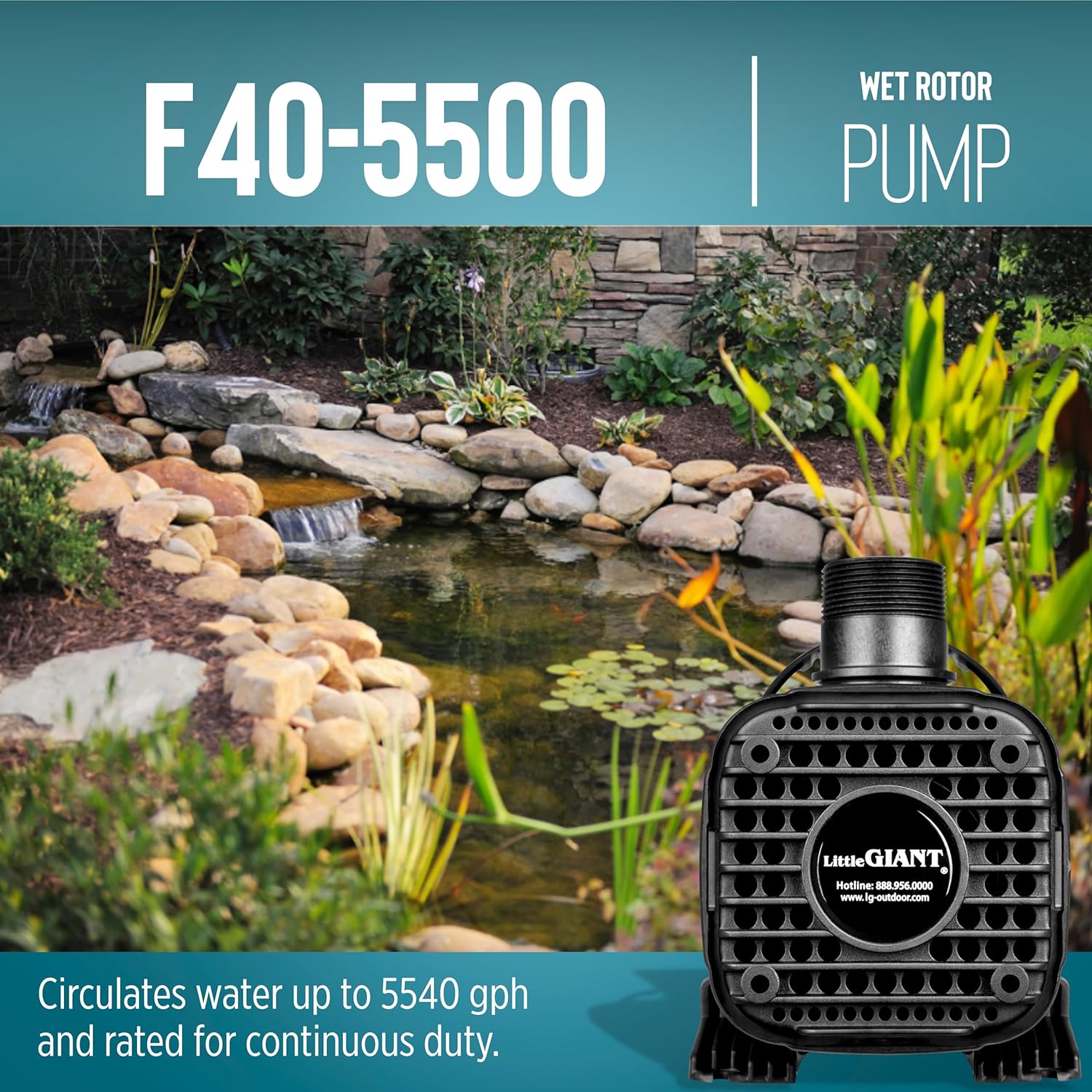 Little Giant F40-5500 115-Volt, 5540 GPH Wet Rotor Pump with 20-Ft. Cord for ponds up to 5500 Gallons, Black, 566727