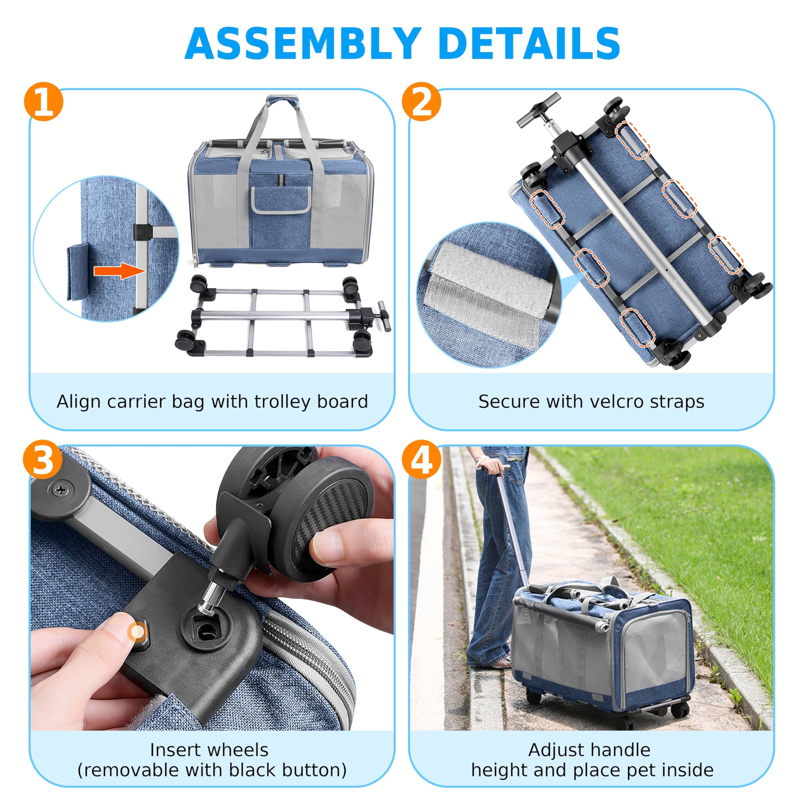 ALLSOPETS Grande Trasportino per Animali con Ruote Trasportino a Doppio Scomparto per 2 Gatti e Cani con Manico Telescopico Borsa da Viaggio Pieghevole e Portatile per Travel Camping Outdoors Blu