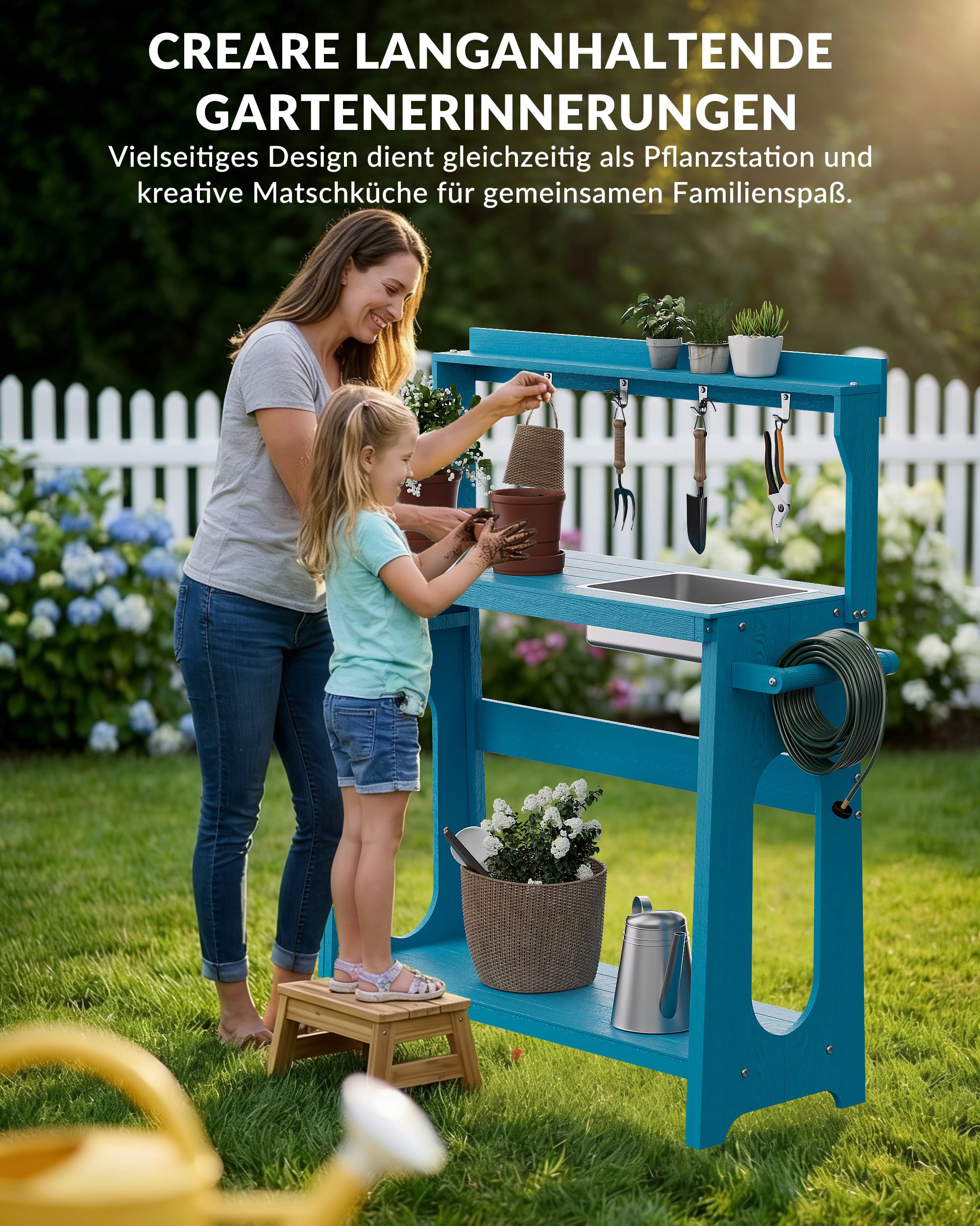 Pflanztisch Outdoor HIPS mit klappbarer Erweiterung, abnehmbarem Spülbecken, Gartentisch mit Ablagen & Werkzeughaken, wetterfest für Garten, Terrasse & Balkon, Blau