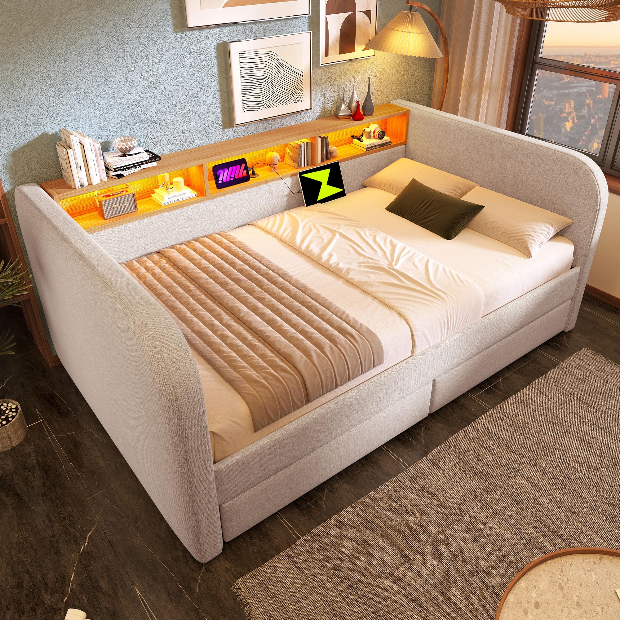 Divano Letto Imbottito 140x190 cm con LED e USB-C, Letto Matrimoniale con 2 Cassetti e Testiera Contenitore, Letto Multifunzione Struttura del letto con Rete a Doghe, Letto per gli ospiti, Beige