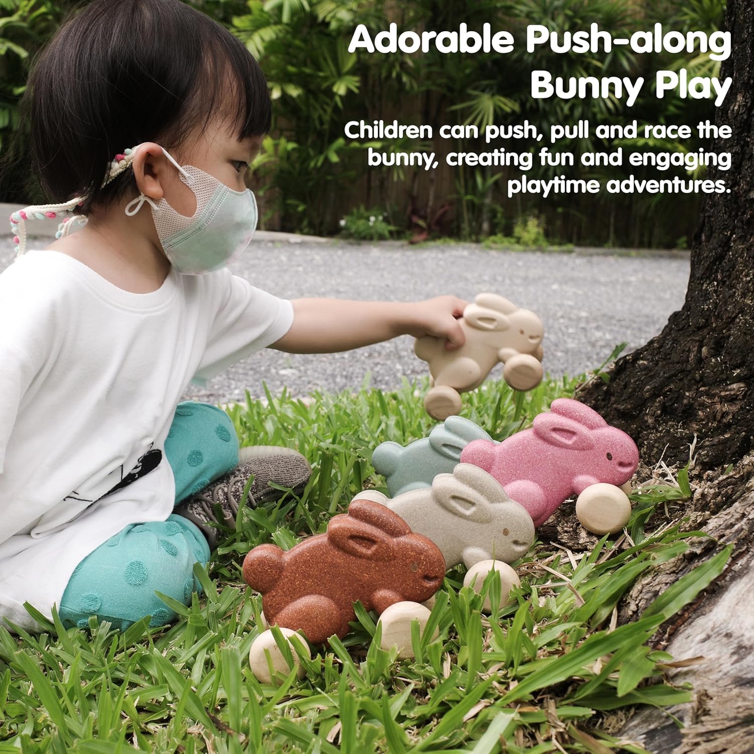 PlanToys® Brown Push Along Bunny Wooden Montessori Movement and Coordination Toy | Gross Motor, Rhythm and Cause & Effect Early Learning Activity | Eco Friendly Push Toy for Active Play