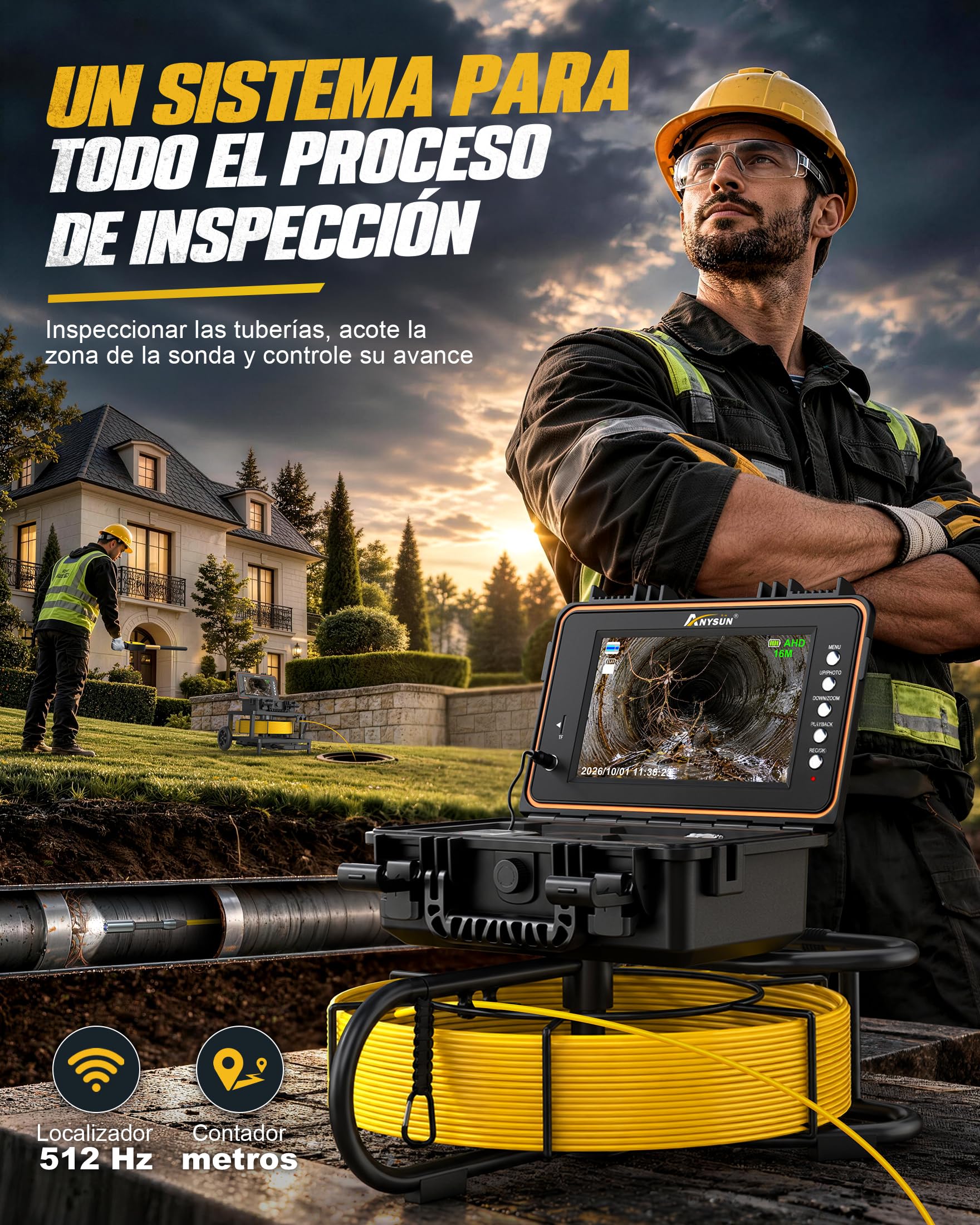 Anysun Camara Inspeccion Tuberias con Localizador 512Hz, IPS 9", 1080P