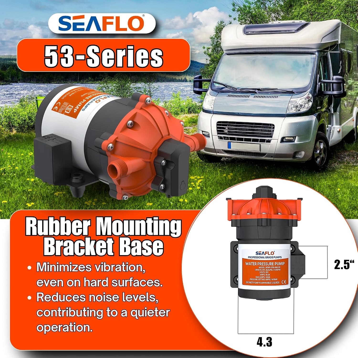 SEAFLO 53 Series 24V DC Diaphragm Water Pump 7 GPM 60 PSI Heavy Duty RV Marine Demand Pump Quick Attach 4-Year Warranty