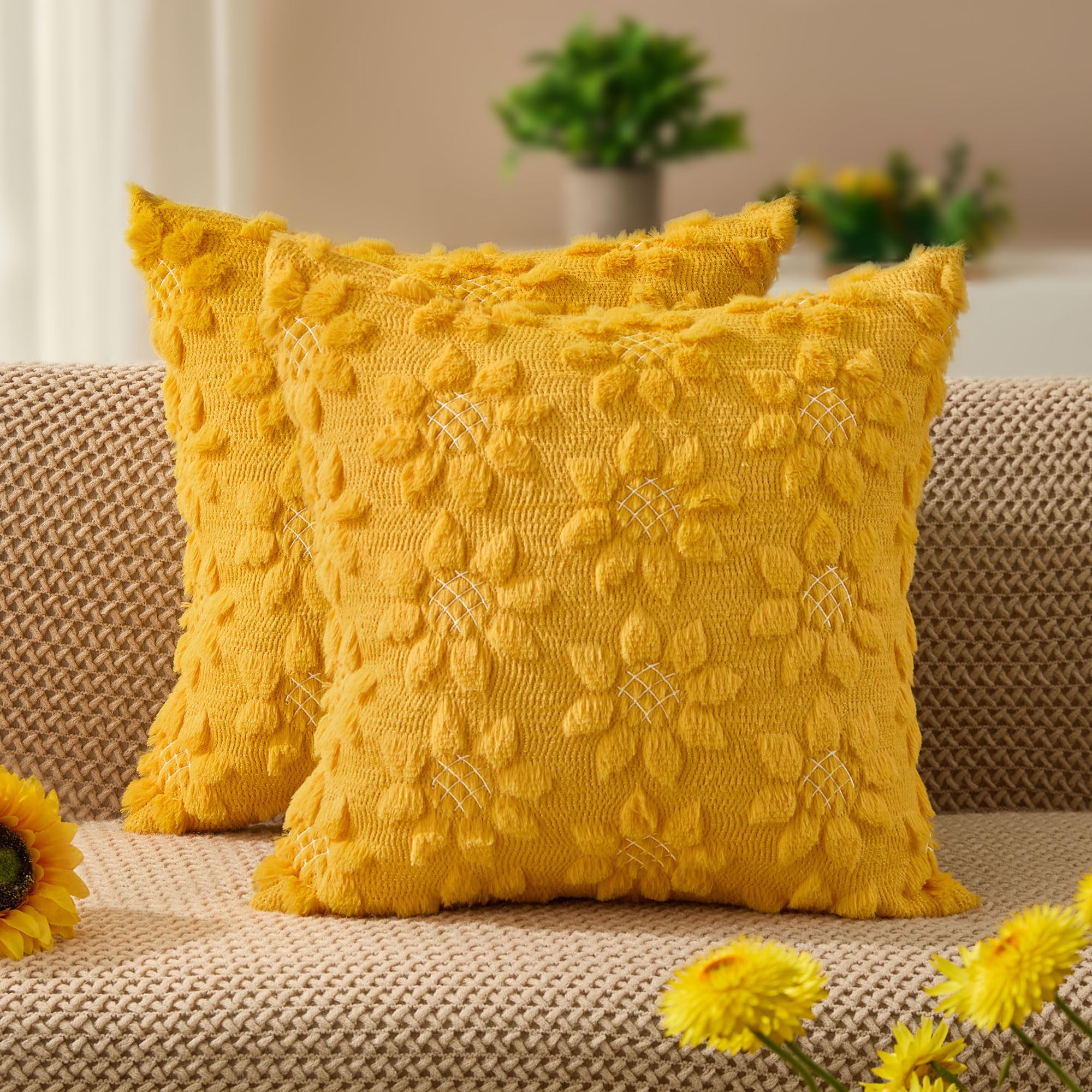 DFXSZ Spring Summer Pillow Covers 16x16 inch Set of 2 Farmhouse Decor White Flower Heart Sunflower Yellow Soft Plush Faux Fur Jacquard Throw Pillows