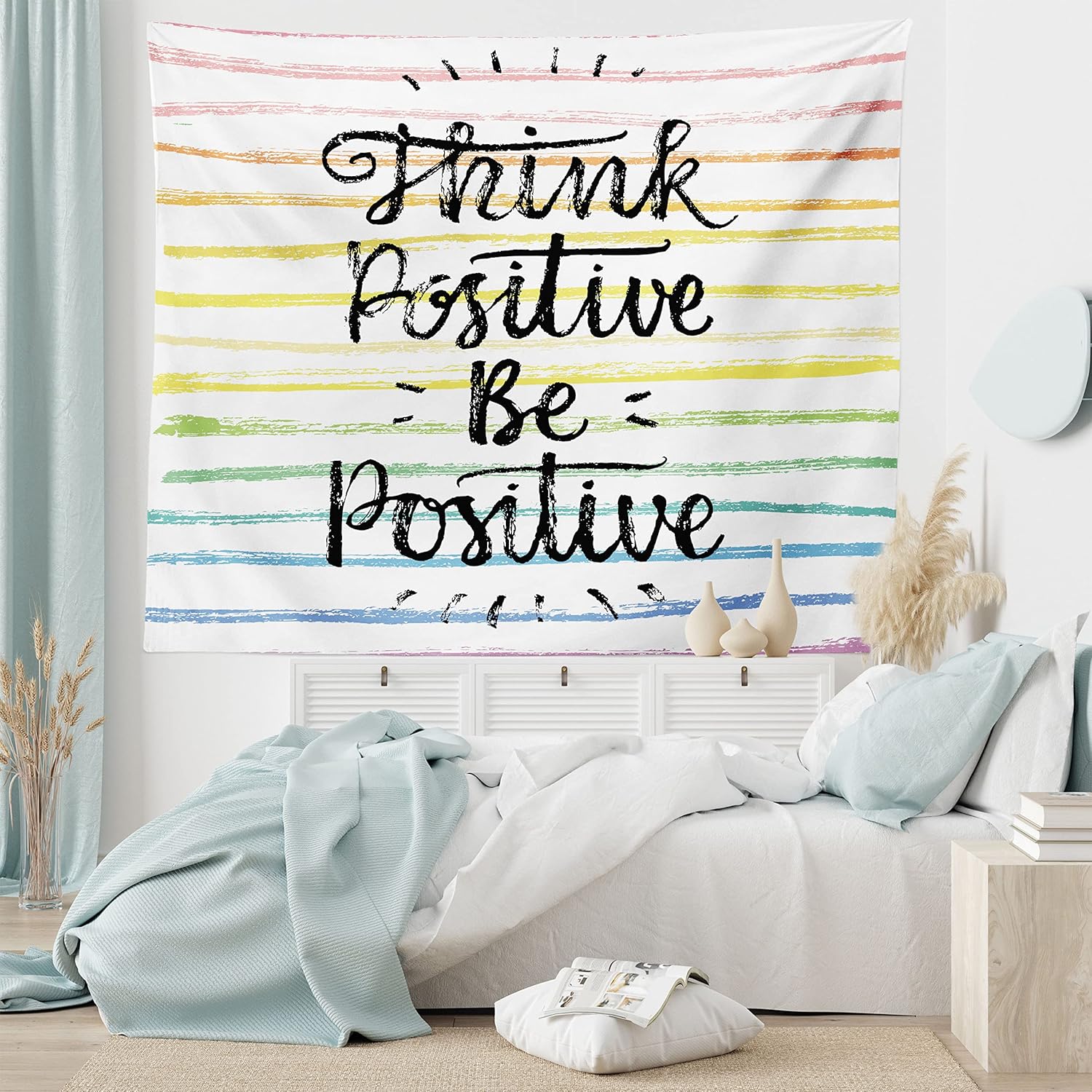 Ambesonne Positive Energy Tapestry, Words on Pastel Tone Rainbow Colors Brushstroke Lines, Wide Wall Hanging for Bedroom Living Room Dorm, 60" X 40", White Yellow