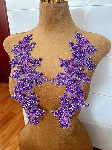 Vista 47 de 1 par de decoraciones de vestido de novia de 5.1 x 13.4 in, parches de encaje para coser con cuentas de diamantes de imitación sueltas, piedras