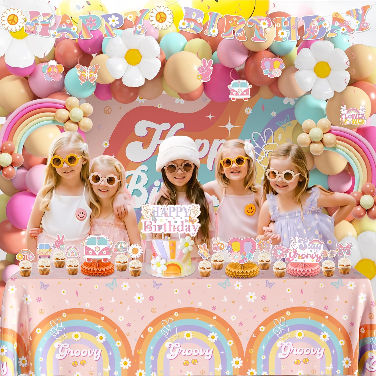 Groovy Party Decorations, 112Pcs Groovy Birthday Decorations Include Banner Backdrop Tablecloth Cake Toppers Hanging Swirls Centerpieces and Daisy Foil Balloons for Hippie Rainbow Boho Birthday Party