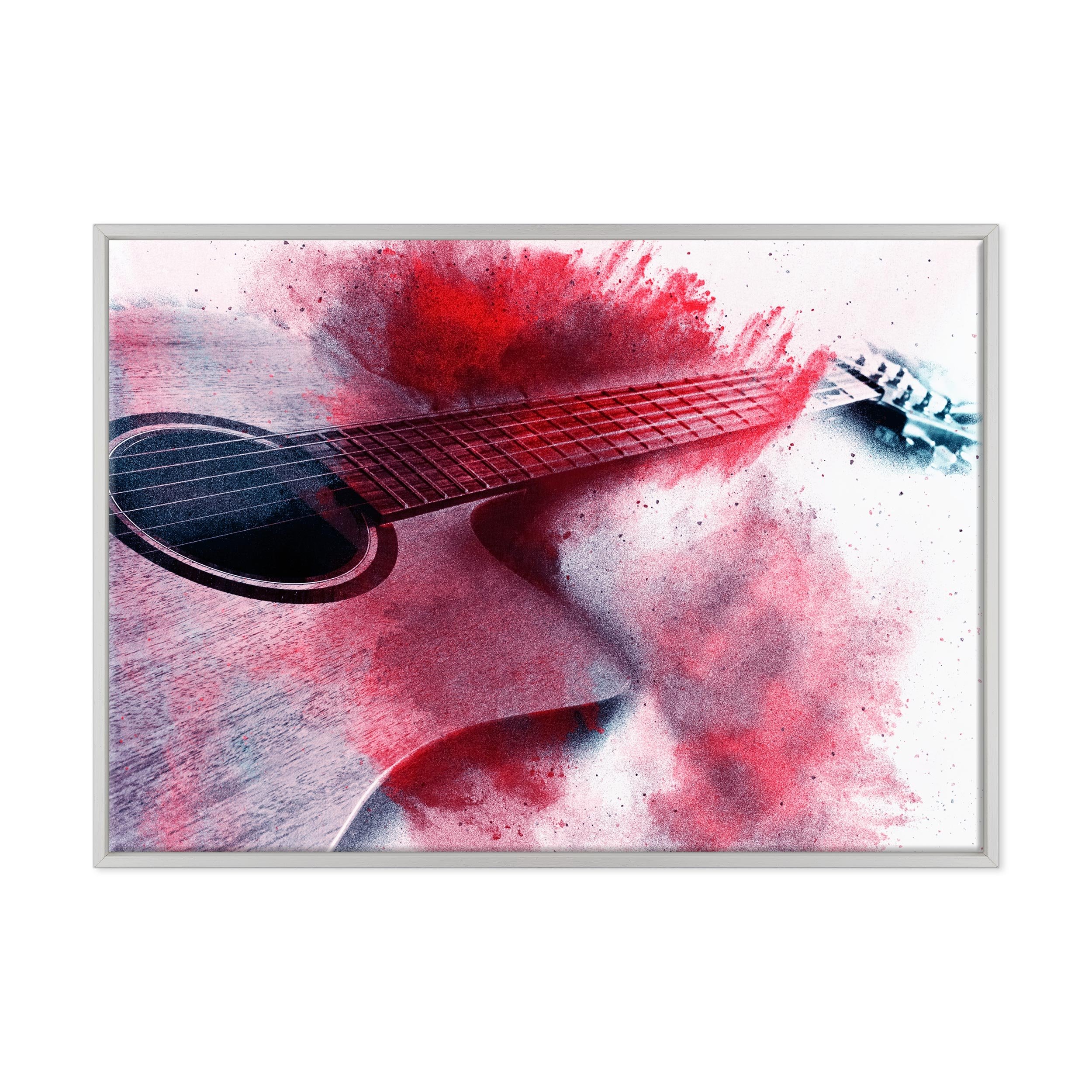 Cuadro sobre lienzo enmarcado – con marco – Guitarra pintada – Ilustración digital – 70 x 100 cm – Estilo moderno blanco – (cód. 2342)