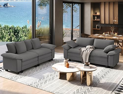 Miniatura 15 de Juego de sofá y sofá cama, asiento modular de chenilla extragrande y sofá de 3 plazas con almohadas, juego de muebles de sofá seccional moderno de