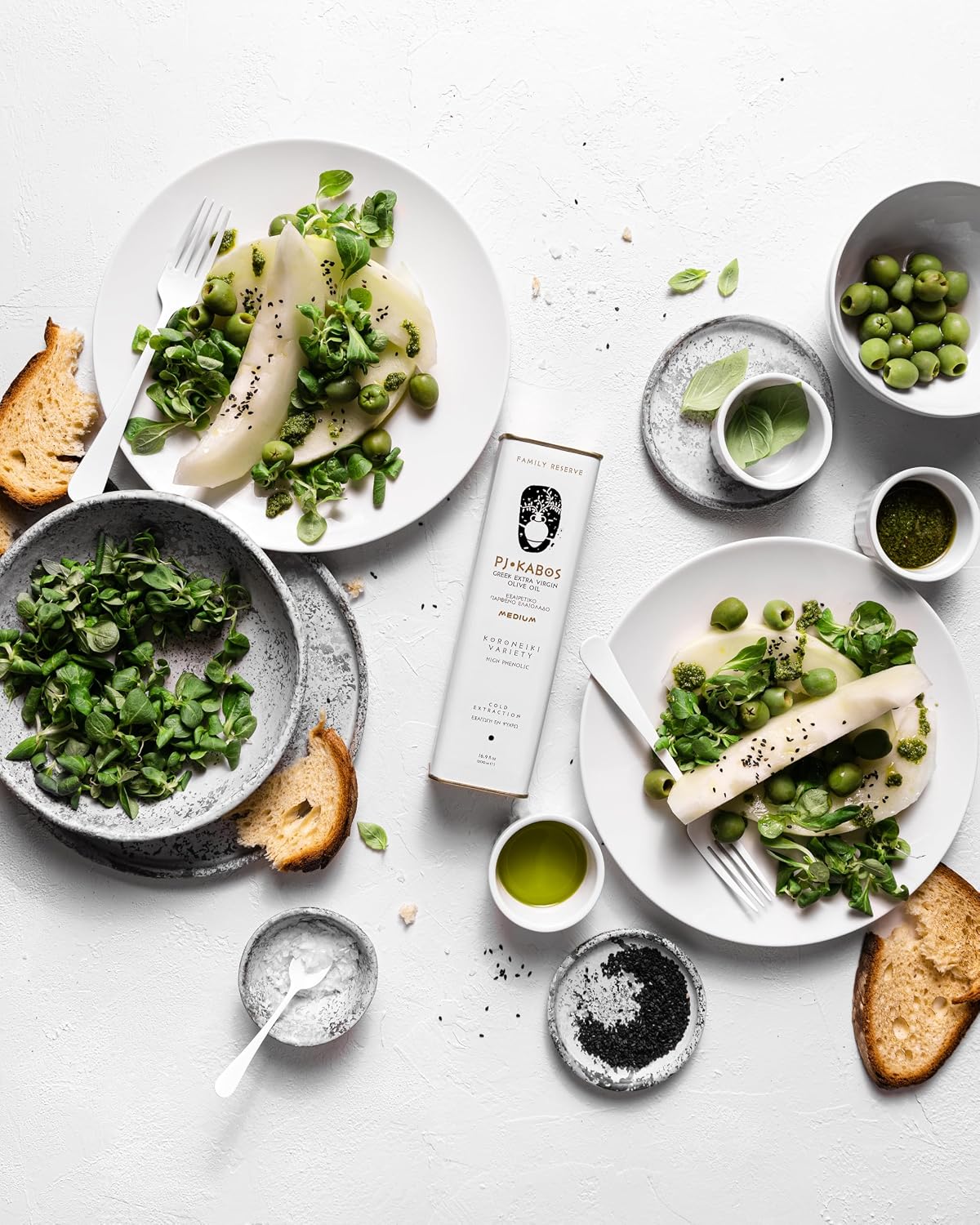P.J. KABOS Fresh 2025/26 Harvest, High Phenolic (400+mg/kg), Natural Greek Extra Virgin Olive Oil, Kosher, Greece, Cold Extracted, 16.9 oz Tin, Koroneiki, "Family Reserve -Medium" (12-Pack)