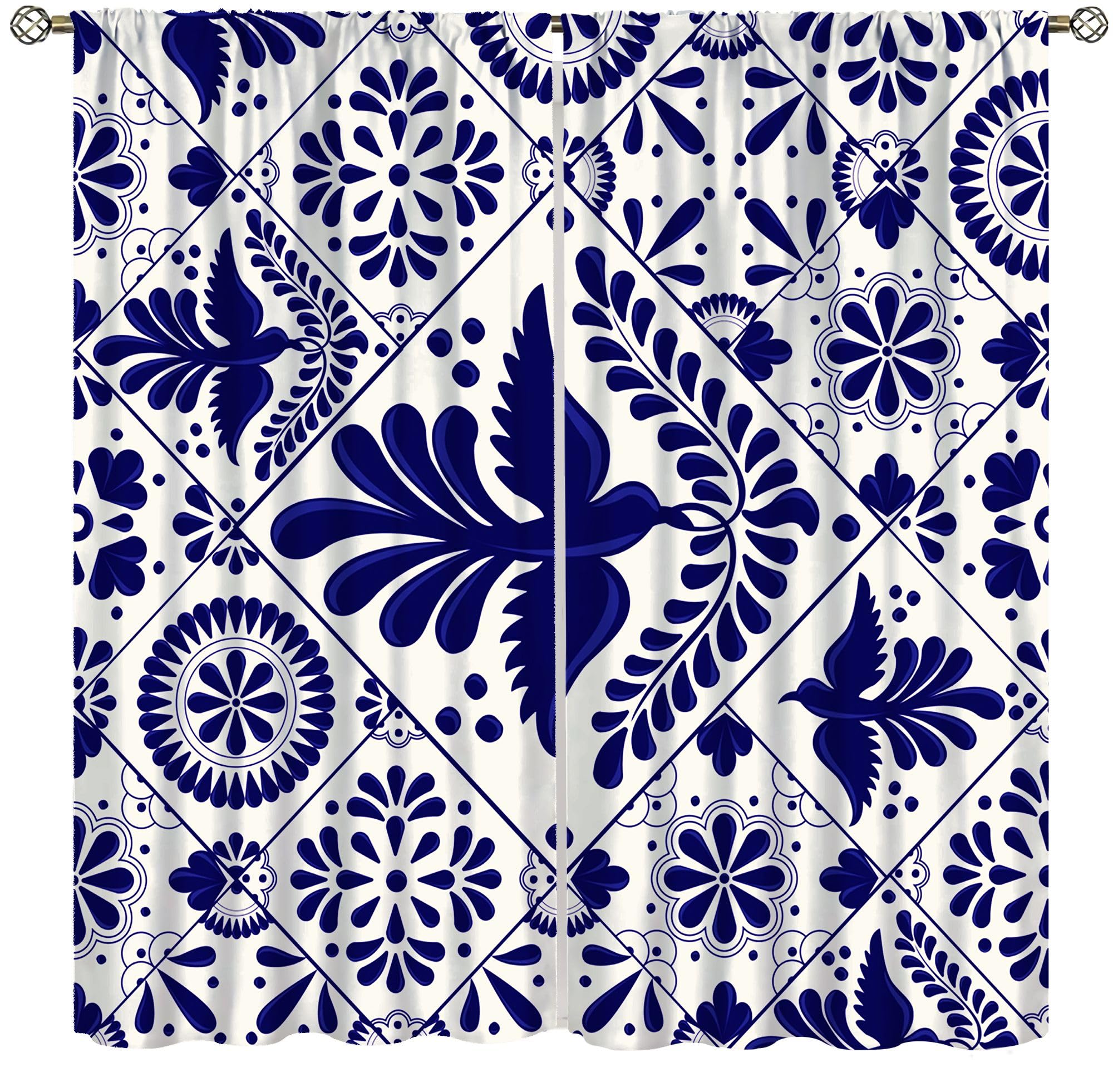 AAVEUP Mexican Talavera Bird Blackout Curtains for Kitchen,White Cartoon Simple Mexican Vintage Botanical Flower Bird Patchwork Window Drapes Print