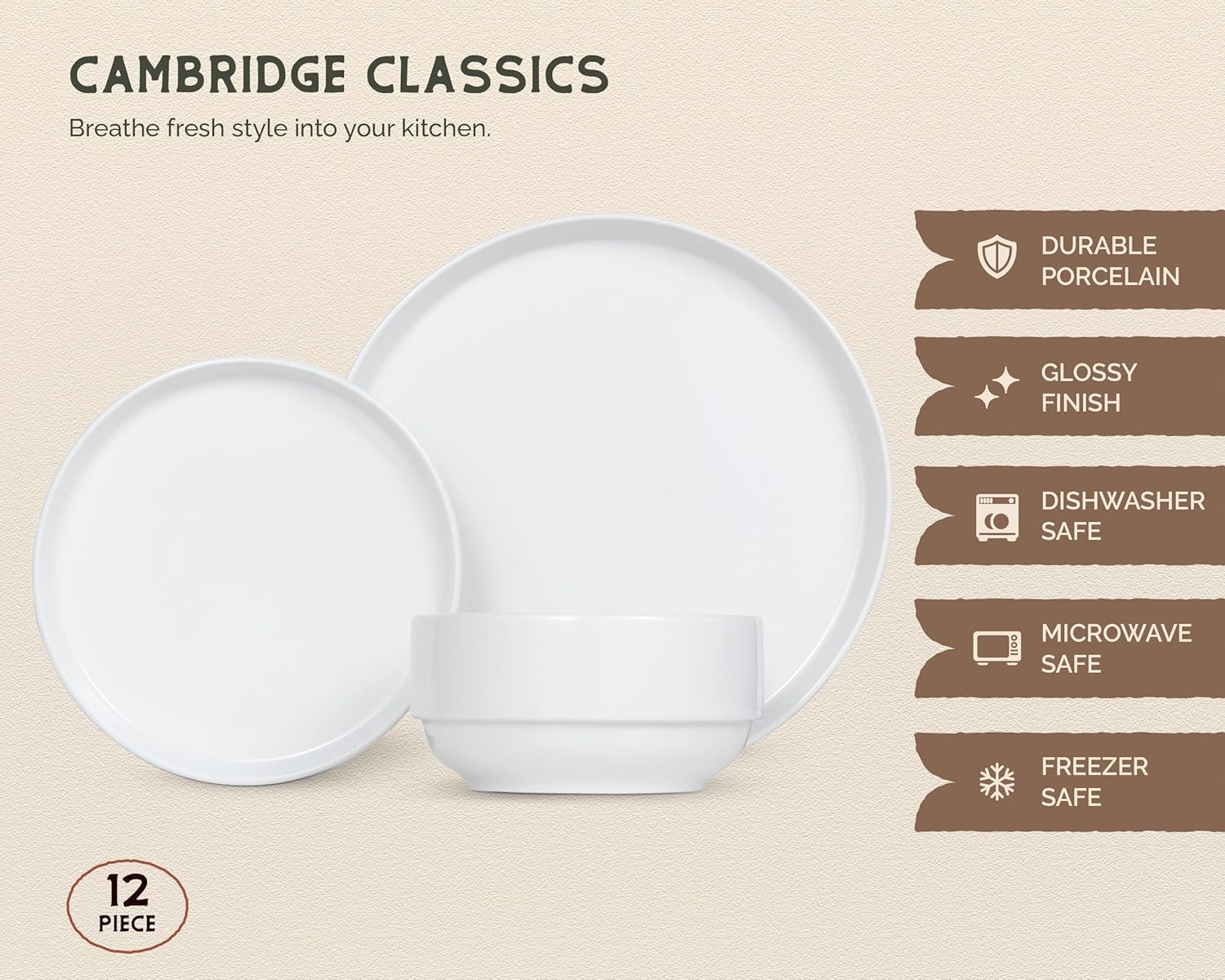 Ceramic Dinnerware Set, 12-Piece Service for 4, Soup Bowls (31.5 oz), Salad Plates (7.5"), Dinner Plates (10.5"), Round, Microwave and Dishwasher Safe, White, Cambridge Classics image 7 of 7 B0D2DTVCF4