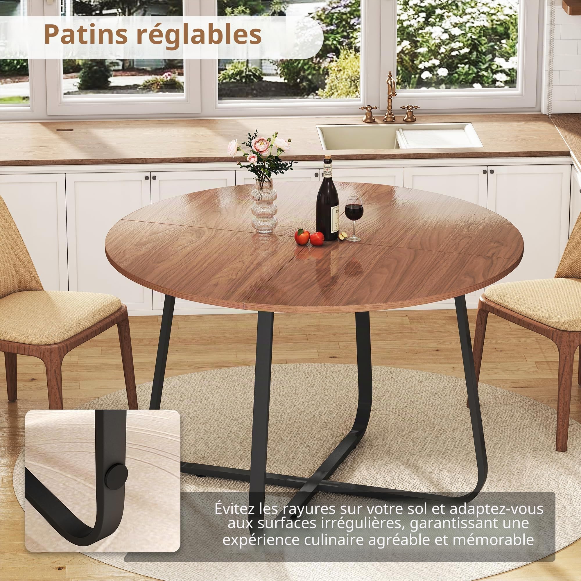 Table de salle à manger ronde 120 cm en bois marron noyer moderne pour cuisine, salon, salle à manger, terrasse, cour, café, bureau et autres endroits