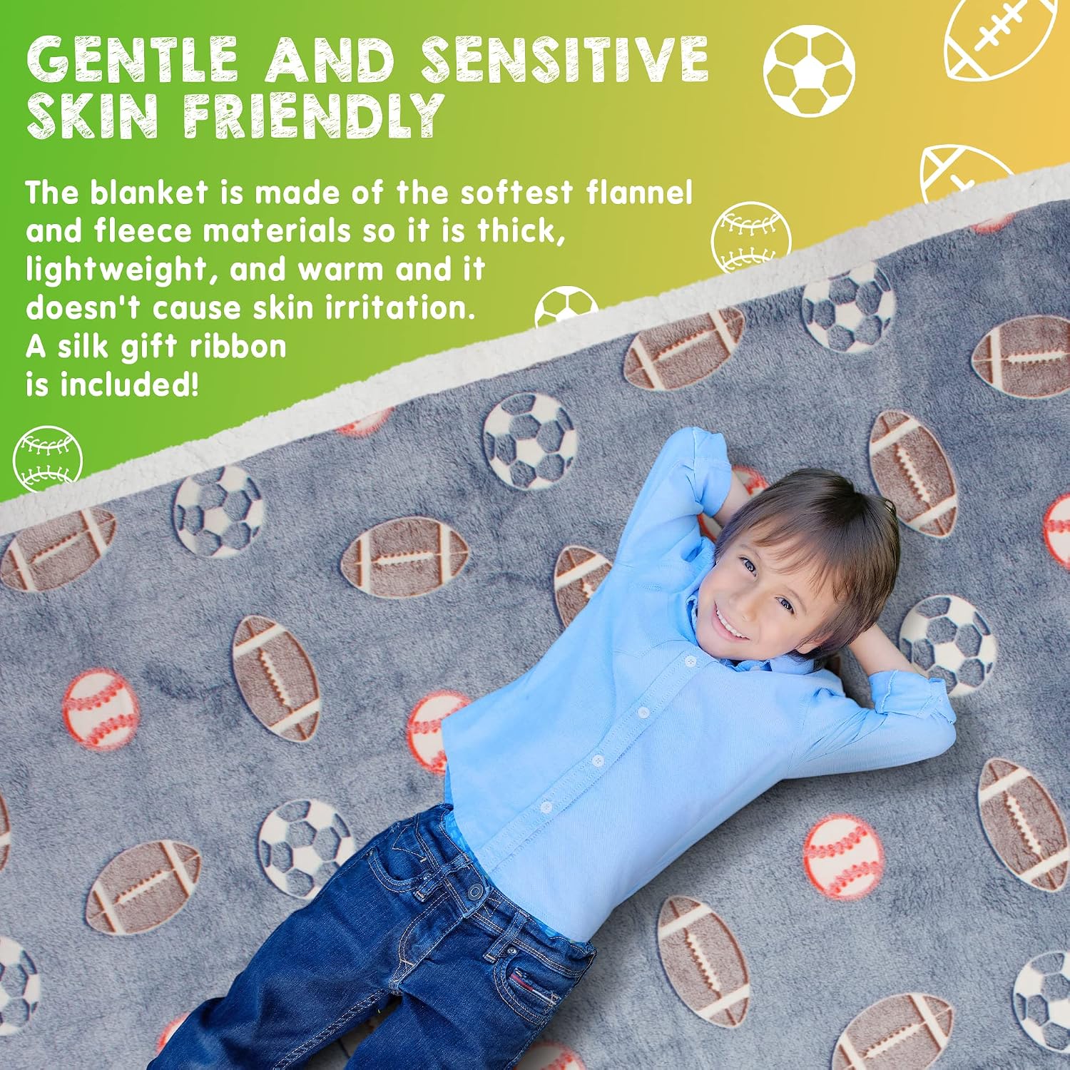 Glow in The Dark Blanket. Blue Thick, Cozy Soft Fluffy Flannel Fleece Nap Sleep Blanket for Kids, Toddlers. Two-Sided Soccer Kids Blanket. 50 x 60 Inches