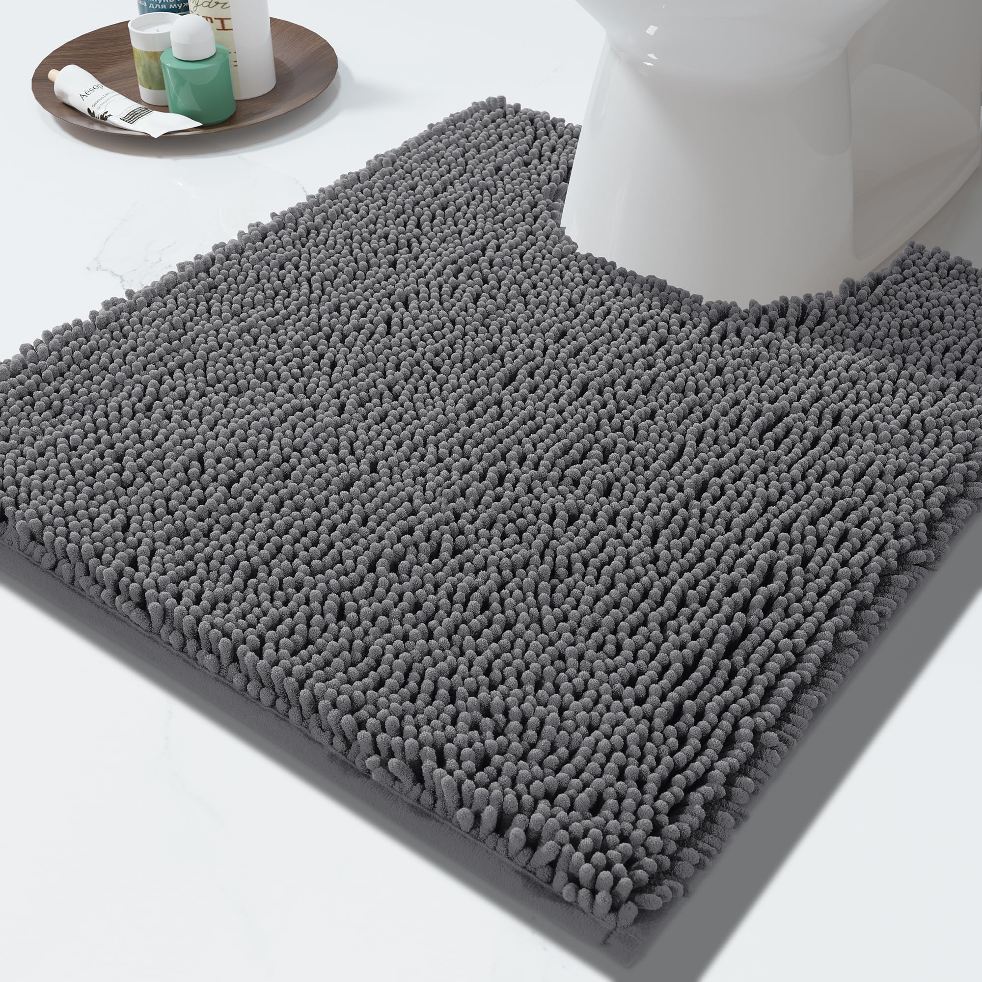 Yimobra Toilet Rugs U Shaped Washable - 24"x20" Non Slip Plush Contour Bath Rugs for Toilet - Super Soft Absorbent Quick Dry Toilet Mats for Bathroom, Dark Gray