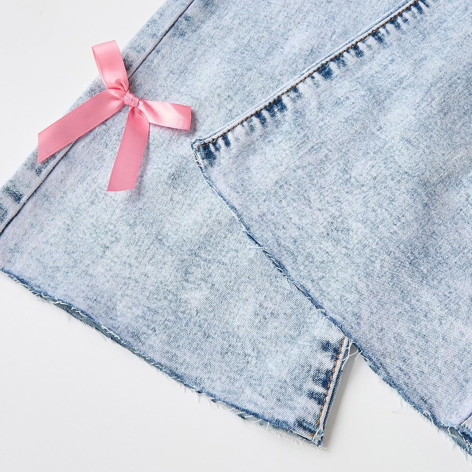 Girl's Bow Jeans Y2k Wide Leg Bow Applique Bell Bottom Acid Wash Elastic High Waist Baggy Denim Pants with Pockets