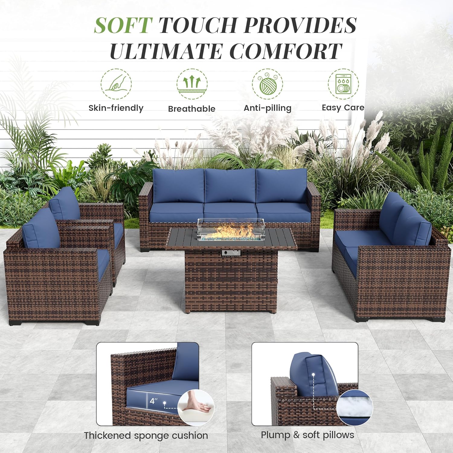 Amopatio Oversized Outdoor Sectional Sofa Set with 44" Metal Fire Pit Table & Storage Coffee Table - Waterproof Wicker Patio Furniture Set, Modular Furniture with Removable Cushions (Navy)