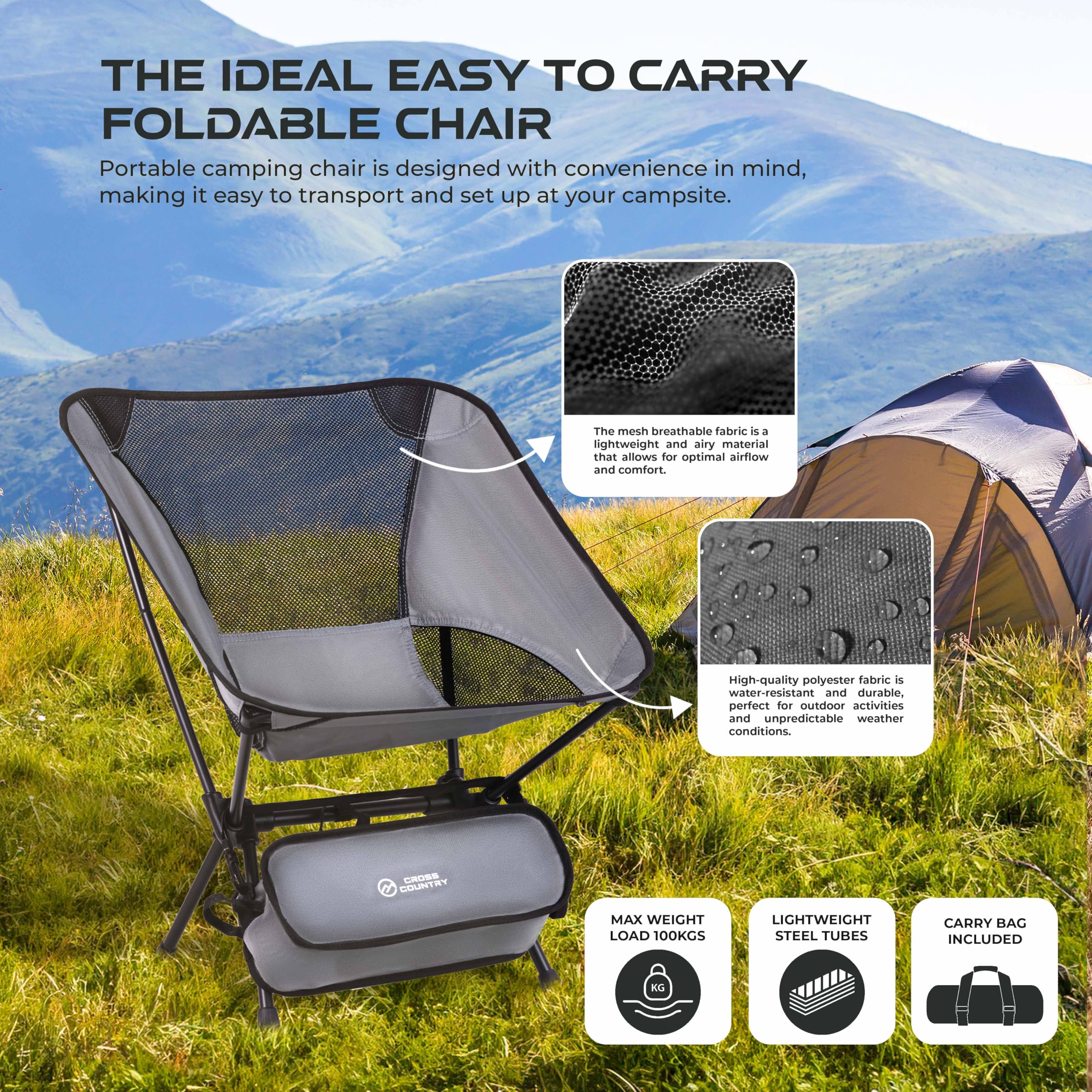 CROSS COUNTRY Lightweight Portable & Collapsible Outdoor Chair, Grey - Image 4