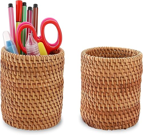 Okllen Paquete de 2 soportes para lápices de ratán, hecho a mano, soporte de mimbre para brochas de maquillaje, organizador de escritorio tejido de