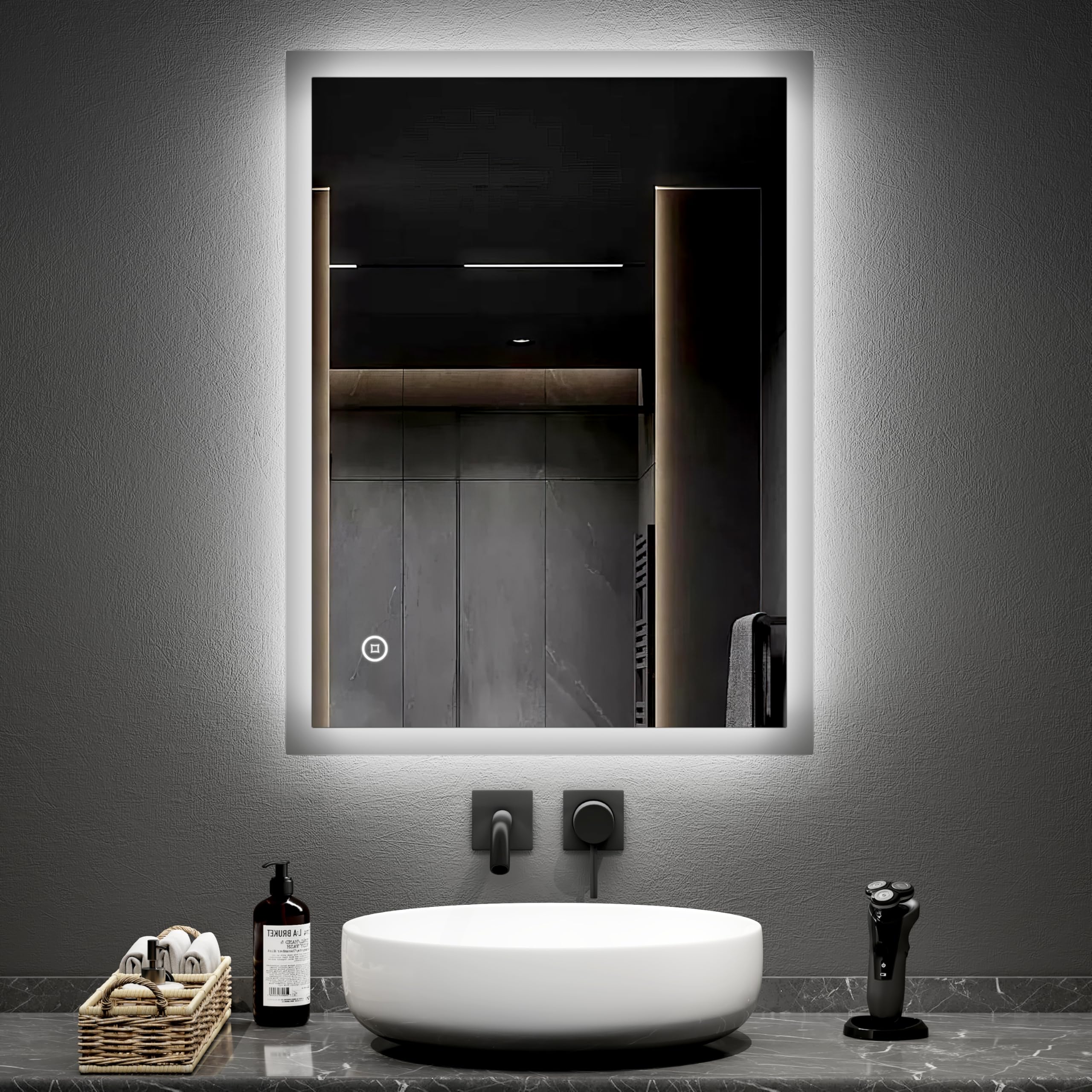 EMKE LED Bathroom Mirror with Shaver Socket, 60x80cm, Wall Mounted, Classic Style, Dimmable, Touch Sensor, Defogger