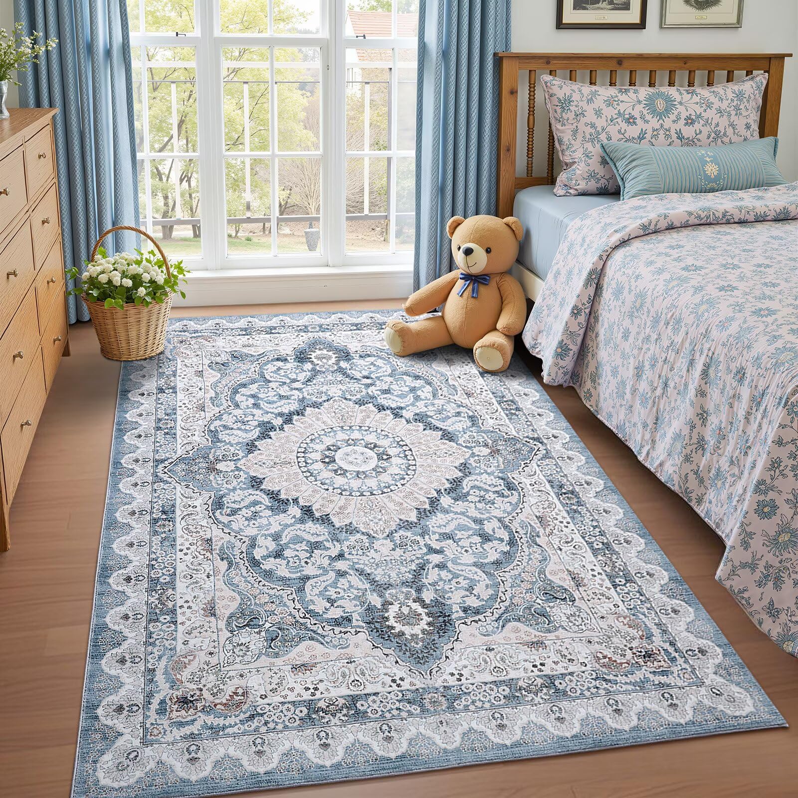 Macgace 4x6 Area Rug for Bedroom, Machine Washable Rugs with Non-Slip Backing for Living Room, Soft Vintage Carpet Kitchen Laundry Kids Room Decor,