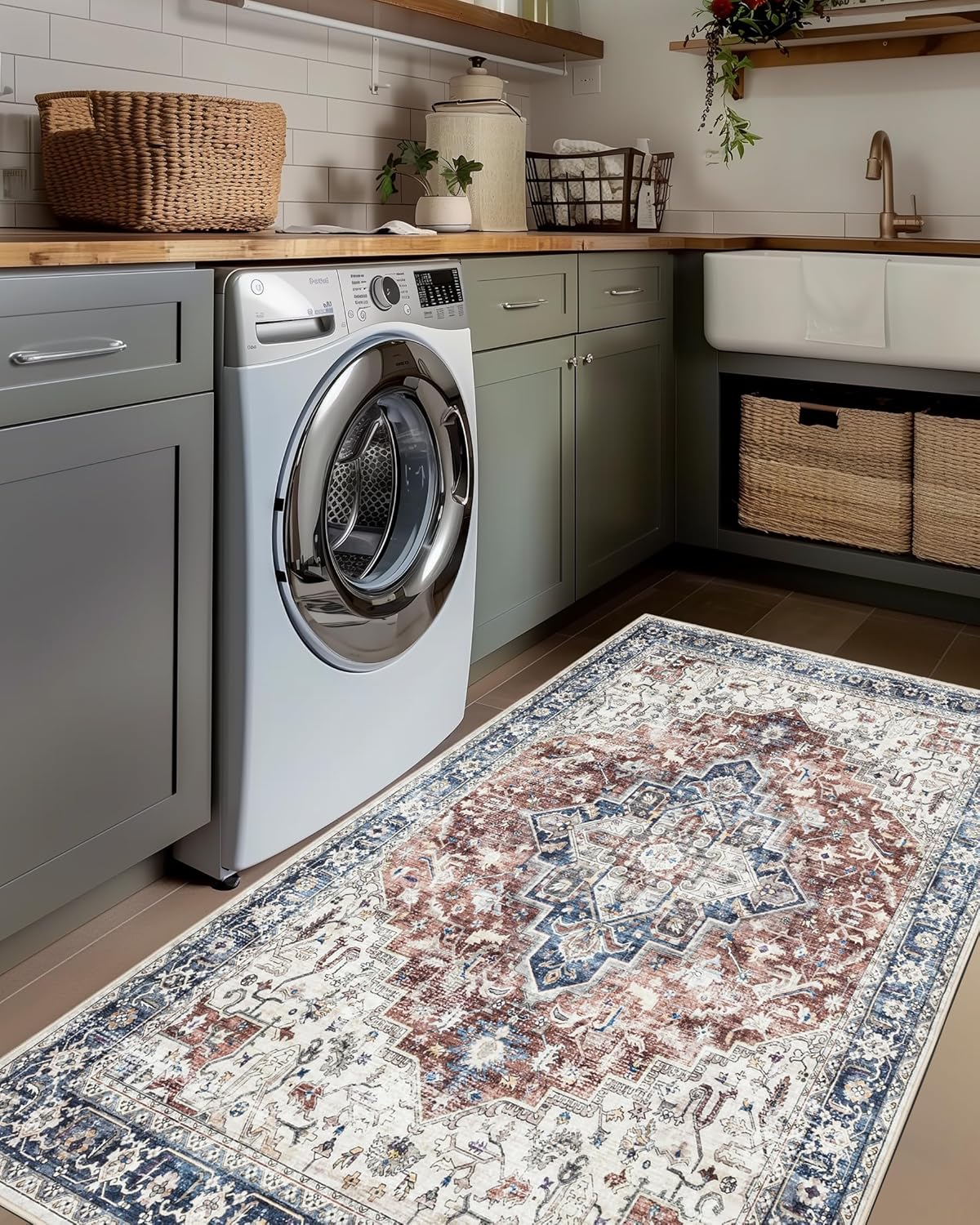 Freyja Washable Rugs 3x5 Area Rug, Soft Non Slip Distressed Indoor Door Mat, Vintage Thin Floral Rugs for Bedroom Bathroom Floor Kitchen Entryway Laundry Room Decor (Brick Red)