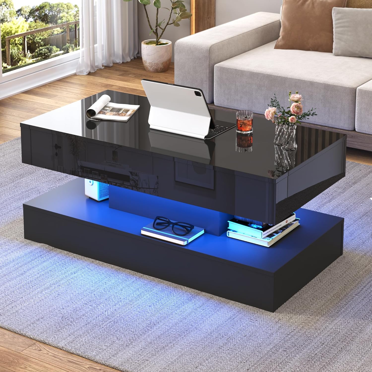 39.4" Large Lift Top Coffee Table,Modern High Glossy LED Coffee Tables for Living Room with Storage,Black Living Room Tables for Living Rooms,Dining Room,Bedroom Home Office,APP LED Lights（Black）