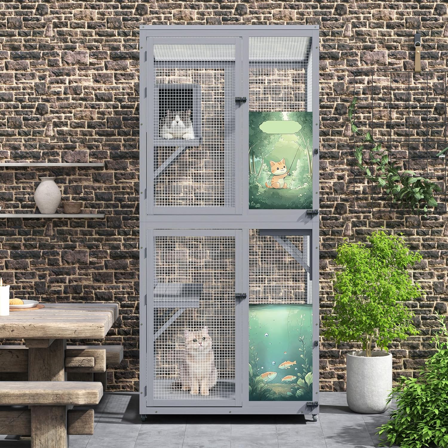 COZIWOW Large Catio Outdoor Cat Enclosure Window Access, Outdoor Cat House with Wheels, Cage for Cats Indoor (Grey, Extra Large)