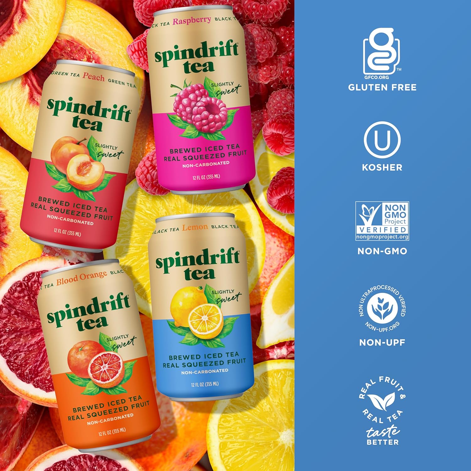 Spindrift Brewed Iced Tea, Variety Pack with Black Tea & Green Tea, Made with Real Squeezed Fruit, No Carbonation, 12 Fl Oz Cans, Pack of 24 (22-49 Calories)