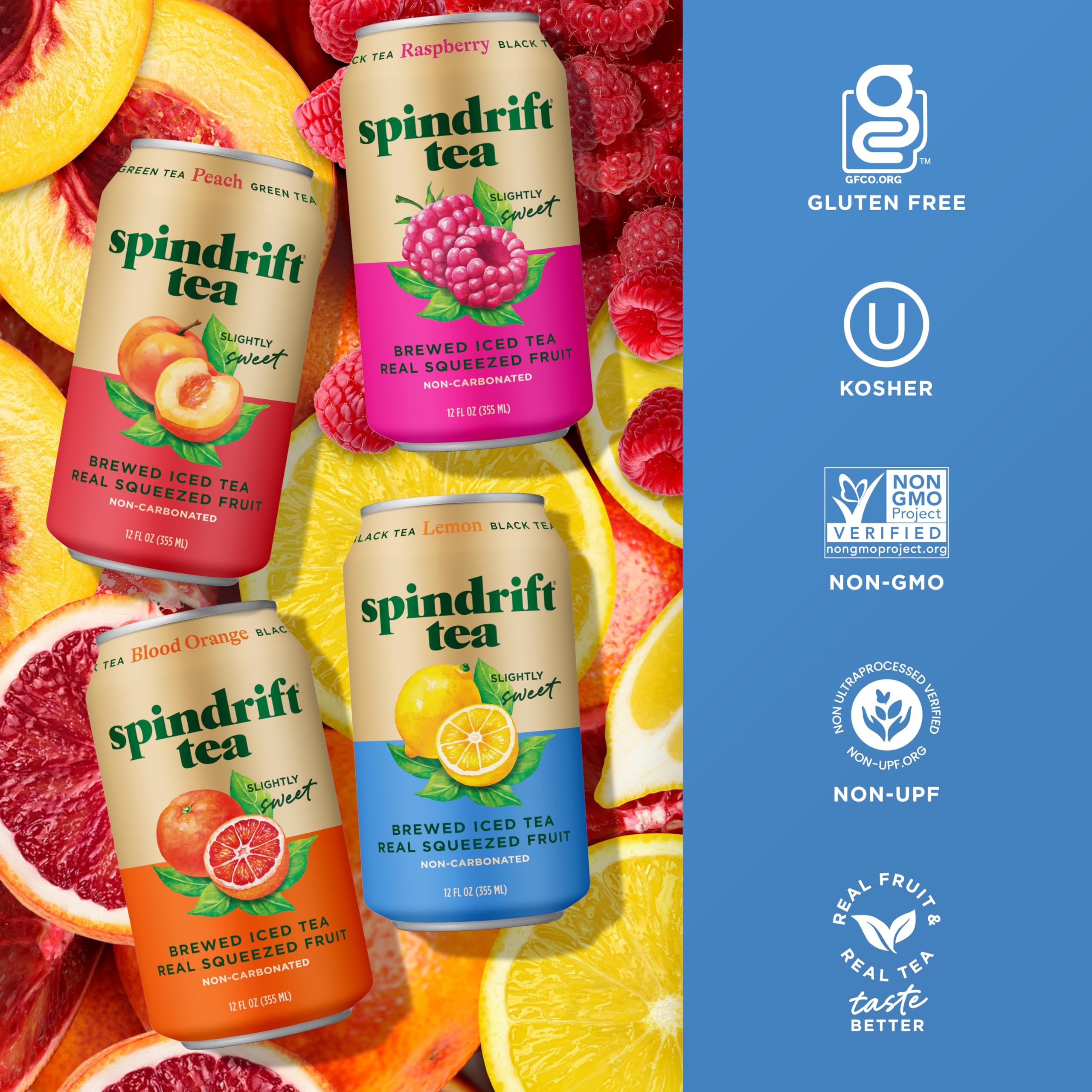 Spindrift Brewed Iced Tea, Variety Pack with Black Tea & Green Tea, Made with Real Squeezed Fruit, No Carbonation, 12 Fl Oz Cans, Pack of 24 (22-49 Calories)