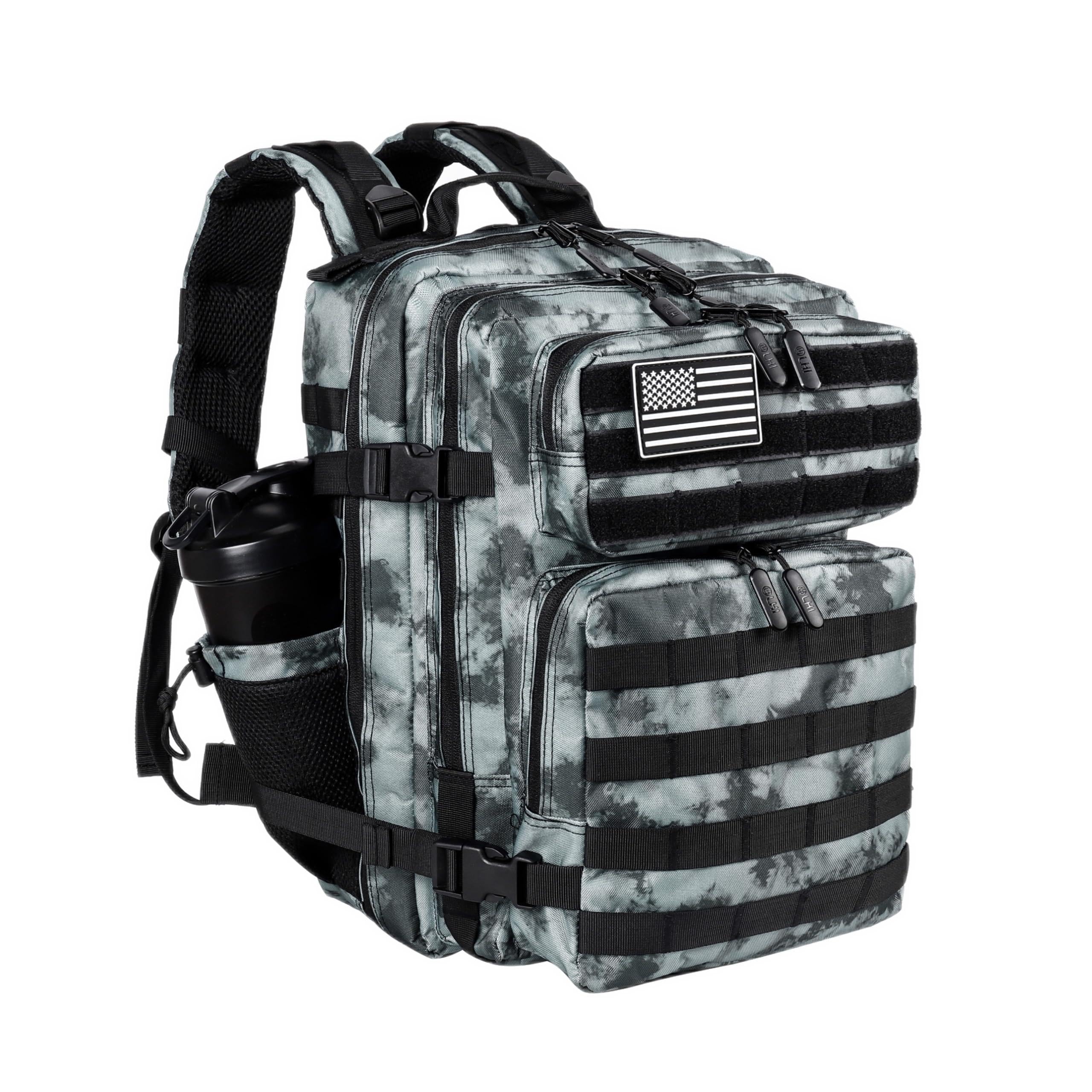 LHI Tactical Military Backpack for Men and Women 35L Army Assault Pack Bag Small Rucksack with Bottle Holder - Black and Gray