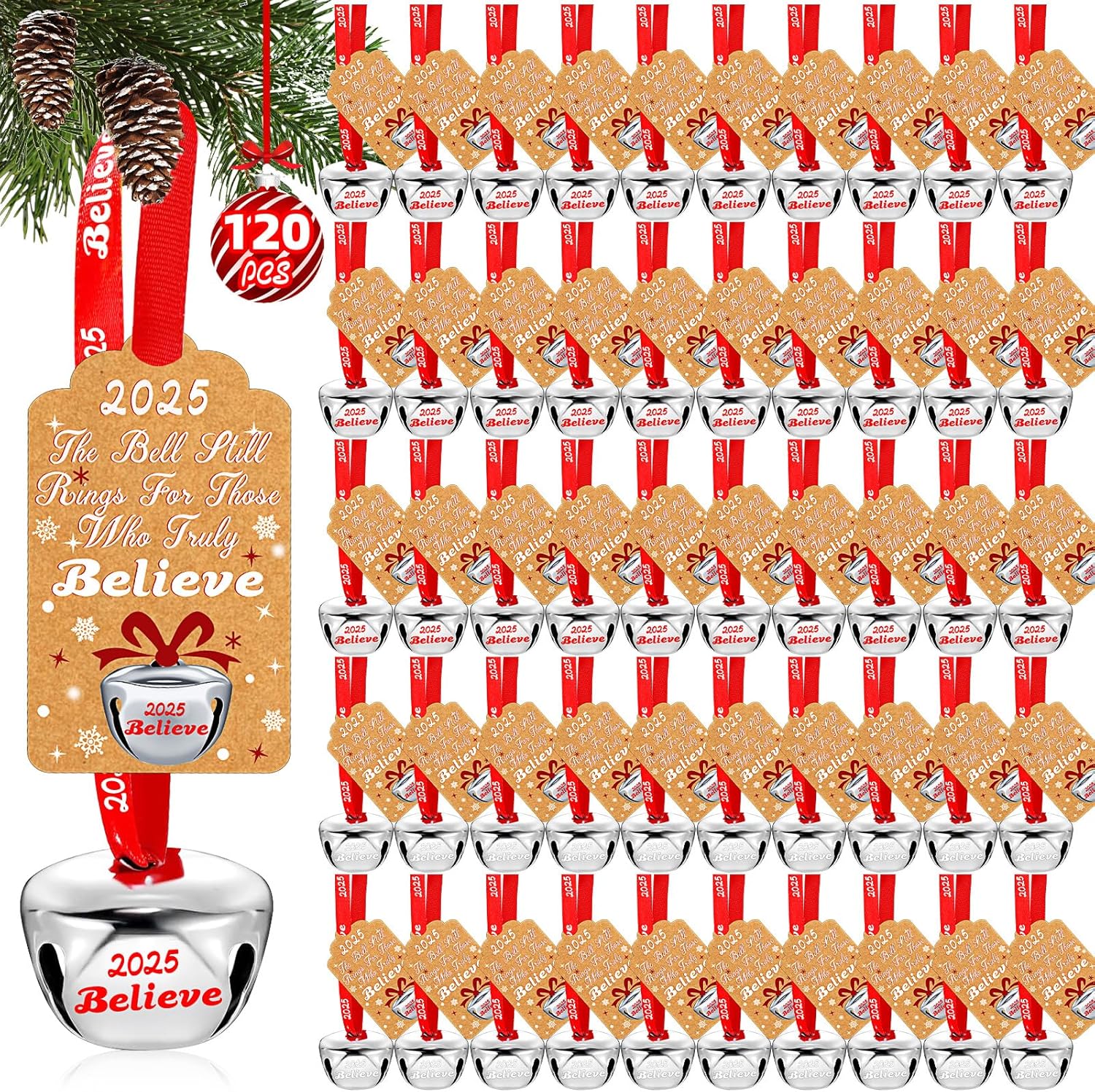 120 Sets Christmas Bells Decor Christmas Believe Bell Ornaments Bulk Polar Express Bell Decorations Xmas Party Gifts Favors Tags Silver Sleigh Jingle Bells for Christmas Tree Decoration(1.6 Inch)